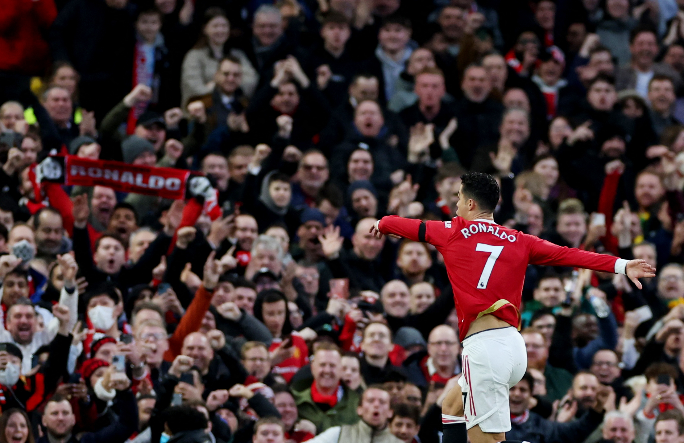Soccer Football - Premier League - Manchester United v Tottenham Hotspur - Old Trafford, Manchester, Britain - March 12, 2022 Manchester United's Cristiano Ronaldo celebrates scoring their first goal REUTERS