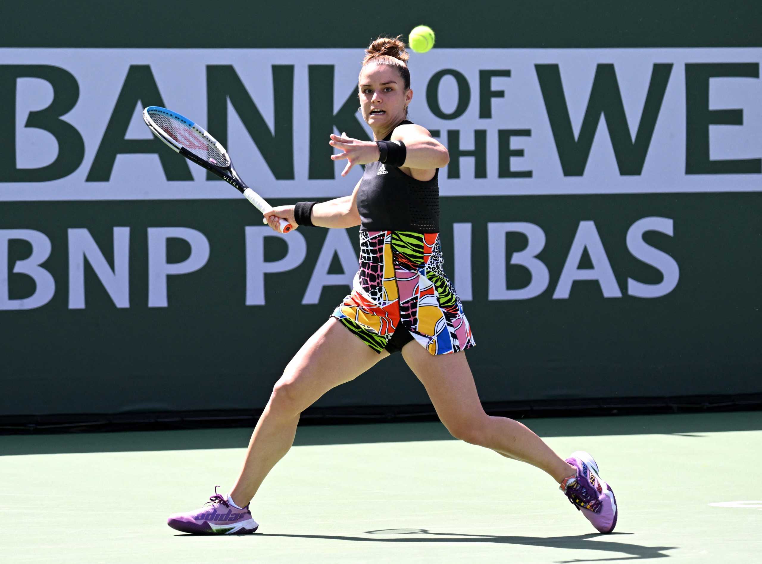 Mar 17, 2022; Indian Wells, CA, USA;  Elena Rybakina (KAZ) hits a shot in her quarterfinal match against Maria Sakkari (GRE) at the BNP Paribas Open at the Indian Wells Tennis Garden. Mandatory Credit: Jayne Kamin-Oncea-USA TODAY Sports
