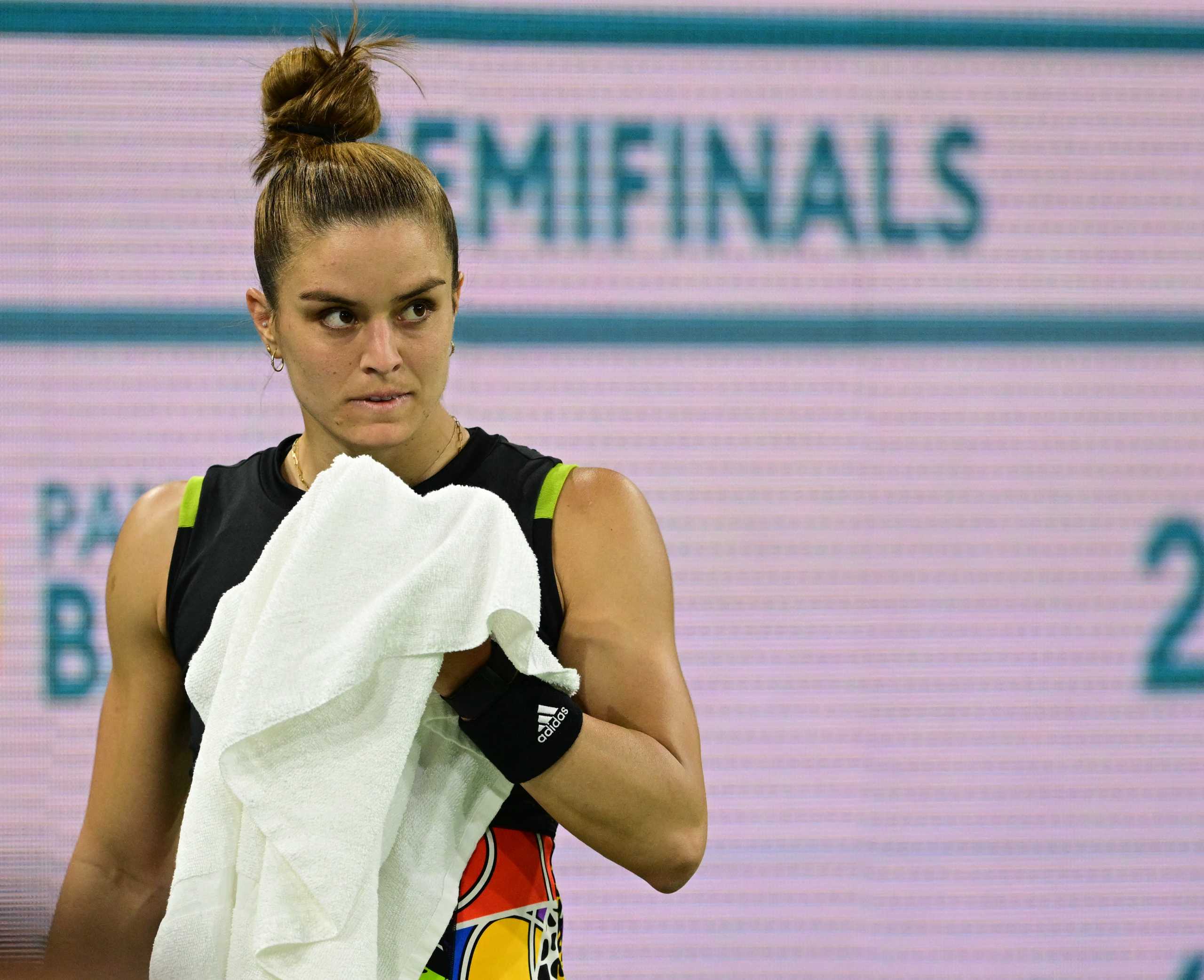 Mar 18, 2022; Indian Wells, CA, USA; Maria Sakkari (GRE) looks on as she defeated Paula Badosa (ESP) in her semifinal match during the BNP Paribas Open at the Indian Wells Tennis Garden. Mandatory Credit: Jayne Kamin-Oncea-USA TODAY Sports