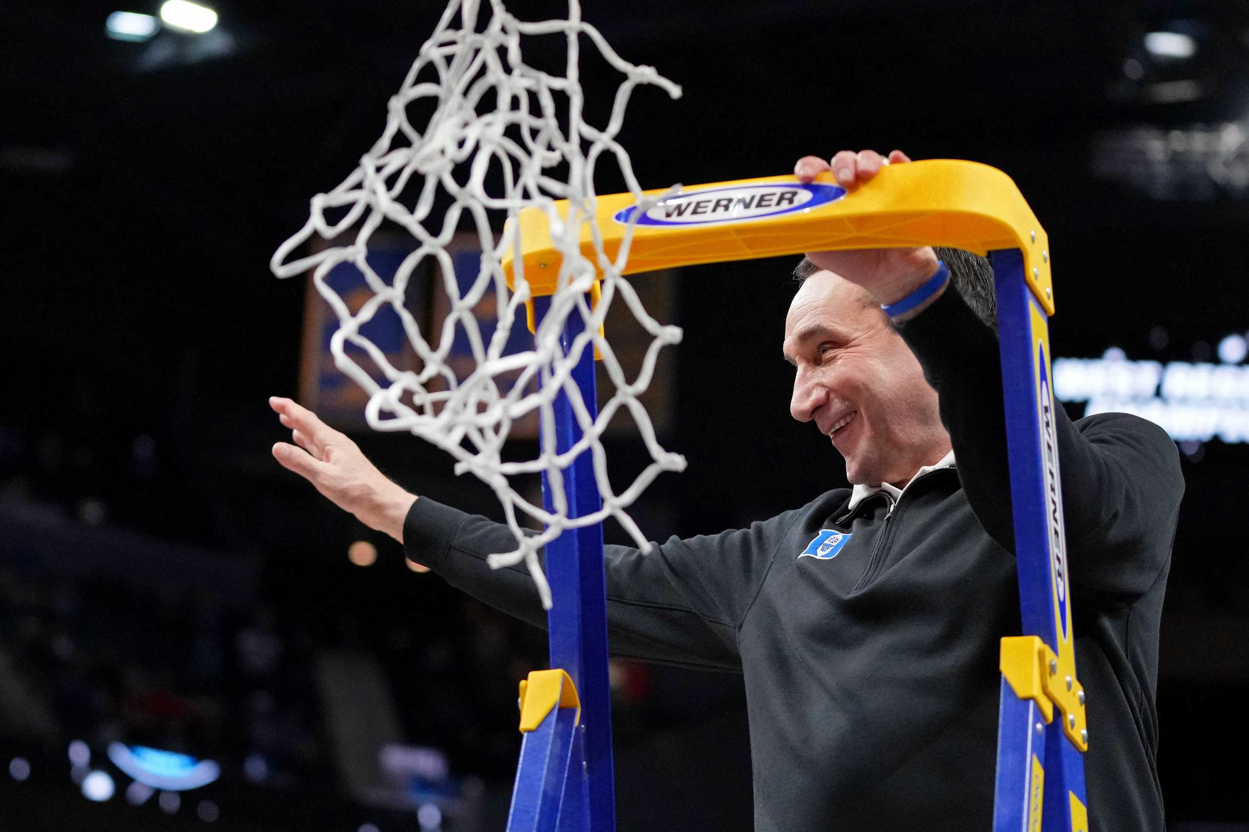 Mar 26, 2022; San Francisco, CA, USA; Duke Blue Devils head coach Mike Krzyzewski waves to fans before he cuts down the net as they celebrate their win over the Arkansas Razorbacks in the finals of the West regional of the men's college basketball NCAA Tournament at Chase Center. The Duke Blue Devils won 78-69. Mandatory Credit: Kyle Terada-USA TODAY Sports