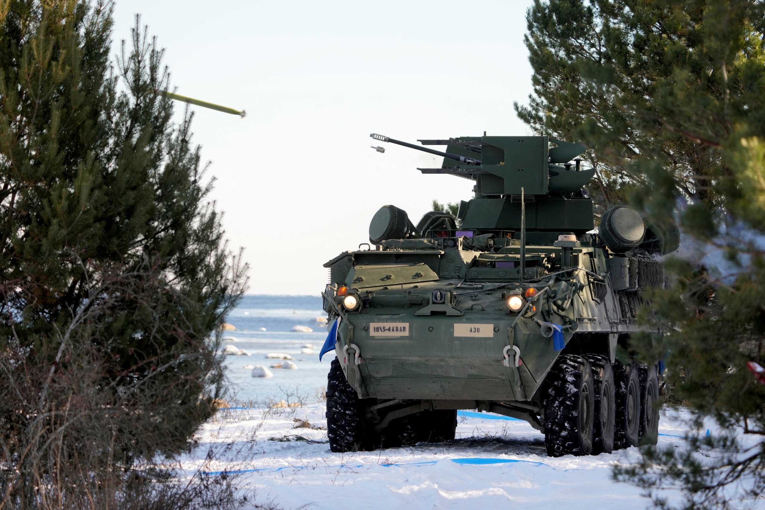U.S. troops fire Stinger missile from their Stryker armored fighting vehicle during Saber Strike military drill in Rutja, Estonia March 10, 2022. REUTERS
