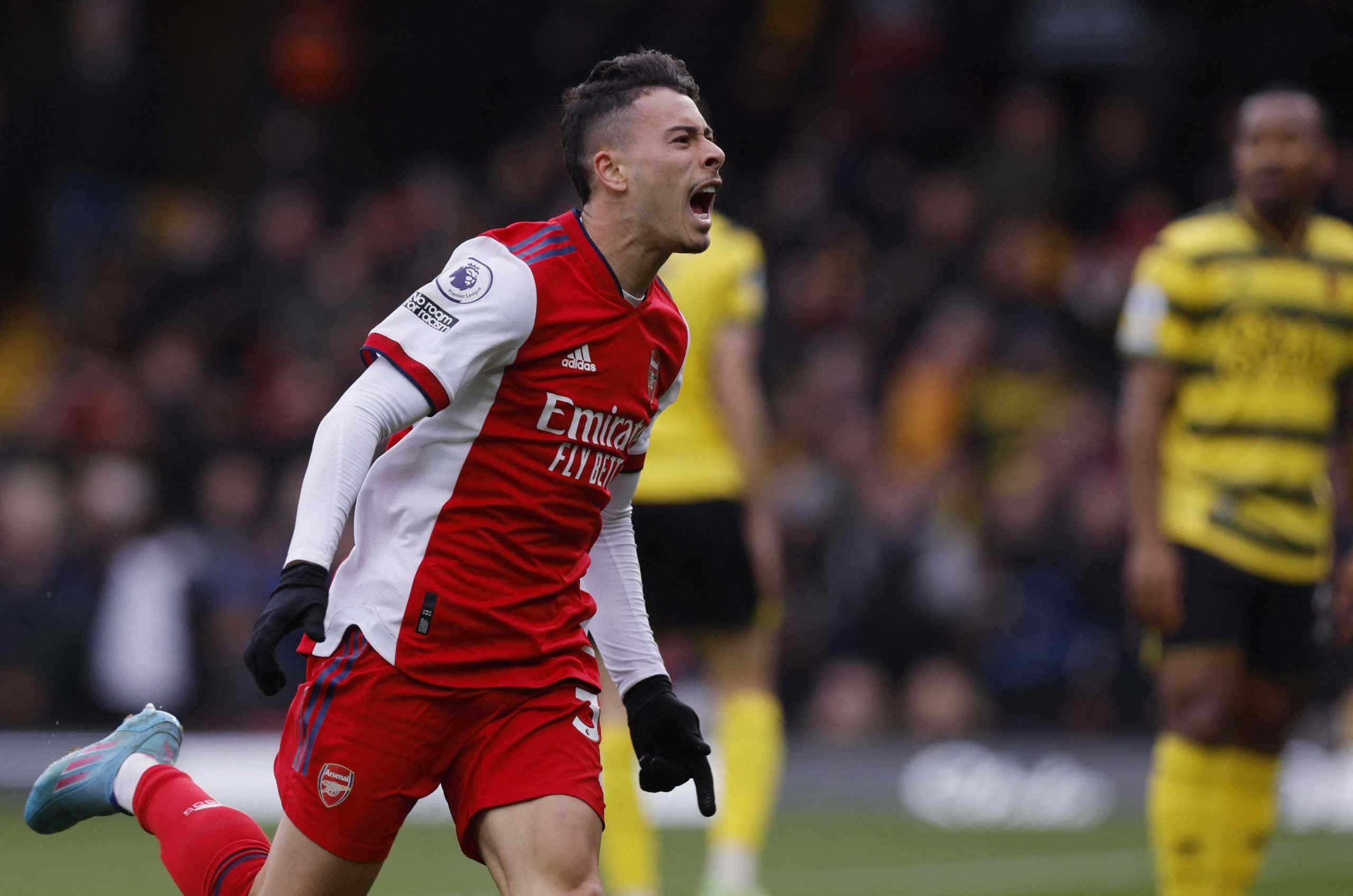 Soccer Football - Premier League - Watford v Arsenal - Vicarage Road, Watford, Britain - March 6, 2022  Arsenal's Gabriel Martinelli celebrates scoring their third goal Action Images via Reuters