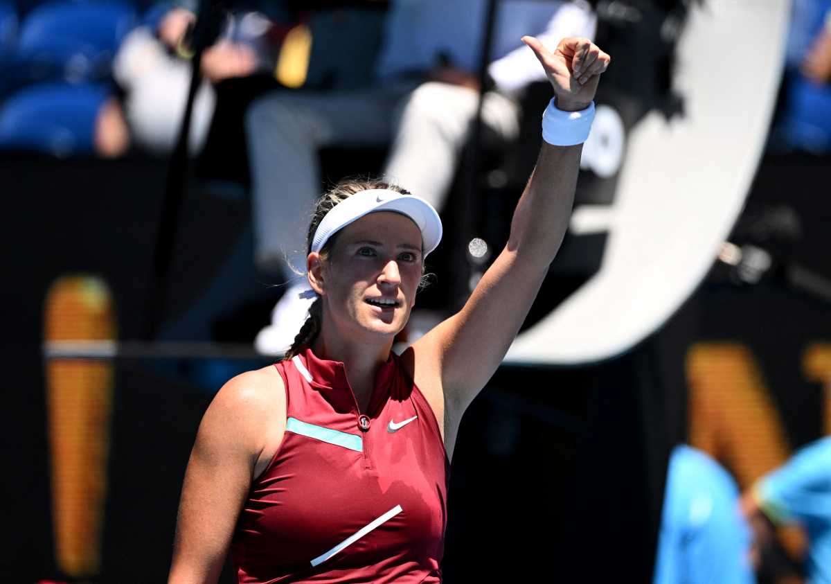 FILE PHOTO: Tennis - Australian Open - Melbourne Park, Melbourne, Australia - January 21, 2022 Belarus' Victoria Azarenka celebrates winning her third round match against Ukraine's Elina Svitolina REUTERS