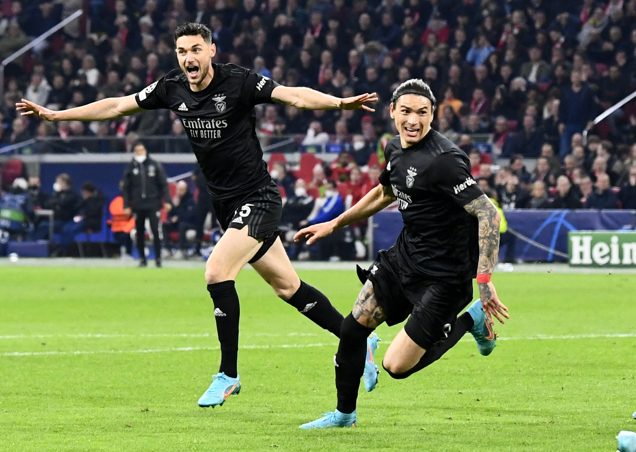 Soccer Football - Champions League - Round of 16 Second Leg - Ajax Amsterdam v Benfica - Johan Cruijff Arena, Amsterdam, Netherlands - March 15, 2022 Benfica's Darwin Nunez celebrates scoring their first goal REUTERS