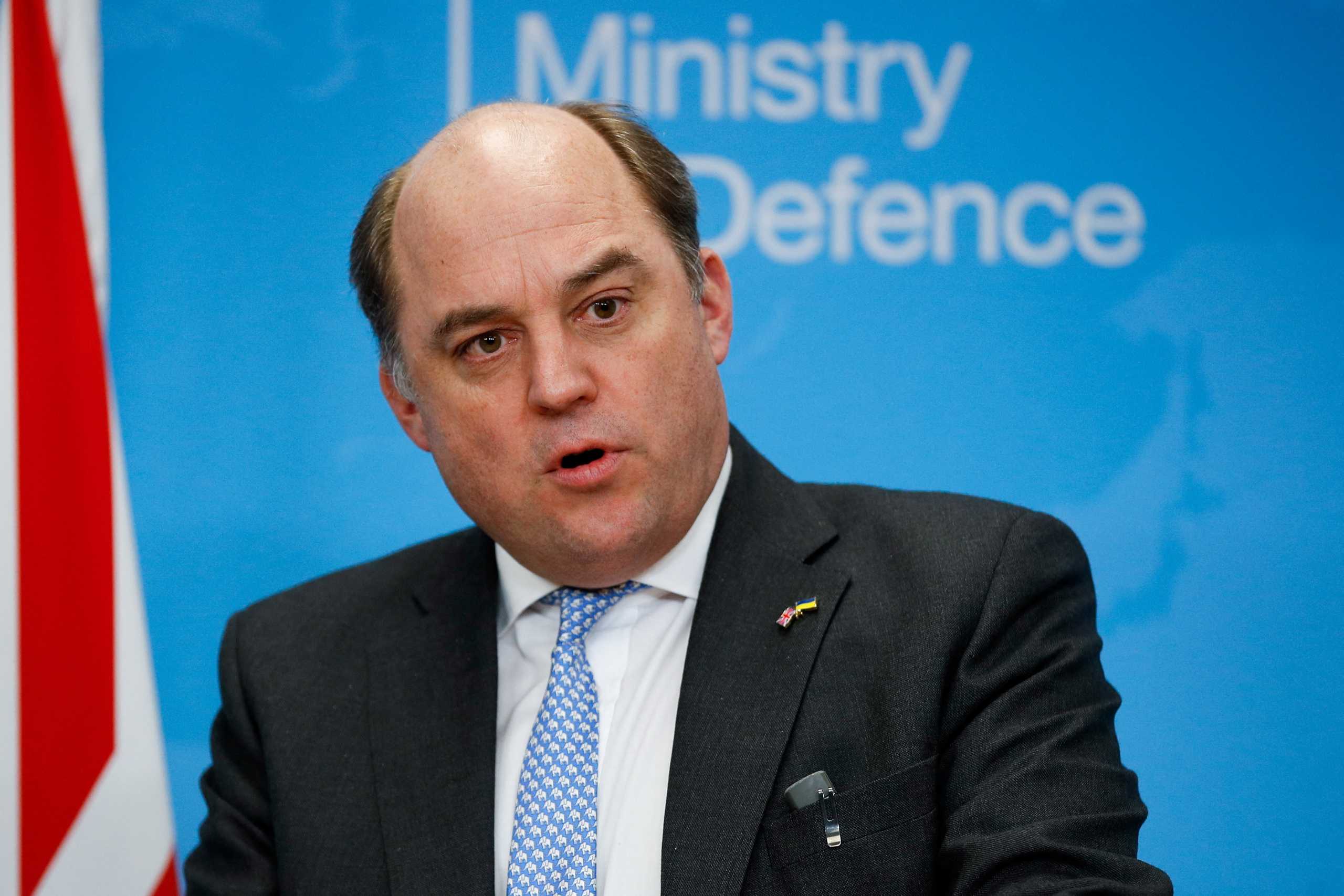 British Defence Secretary Ben Wallace holds a news conference with Ukrainian Defence Minister Oleksii Reznikov at the Ministry of Defence, amid Russia's invasion of Ukraine, in London, Britain, March 21, 2022. REUTERS