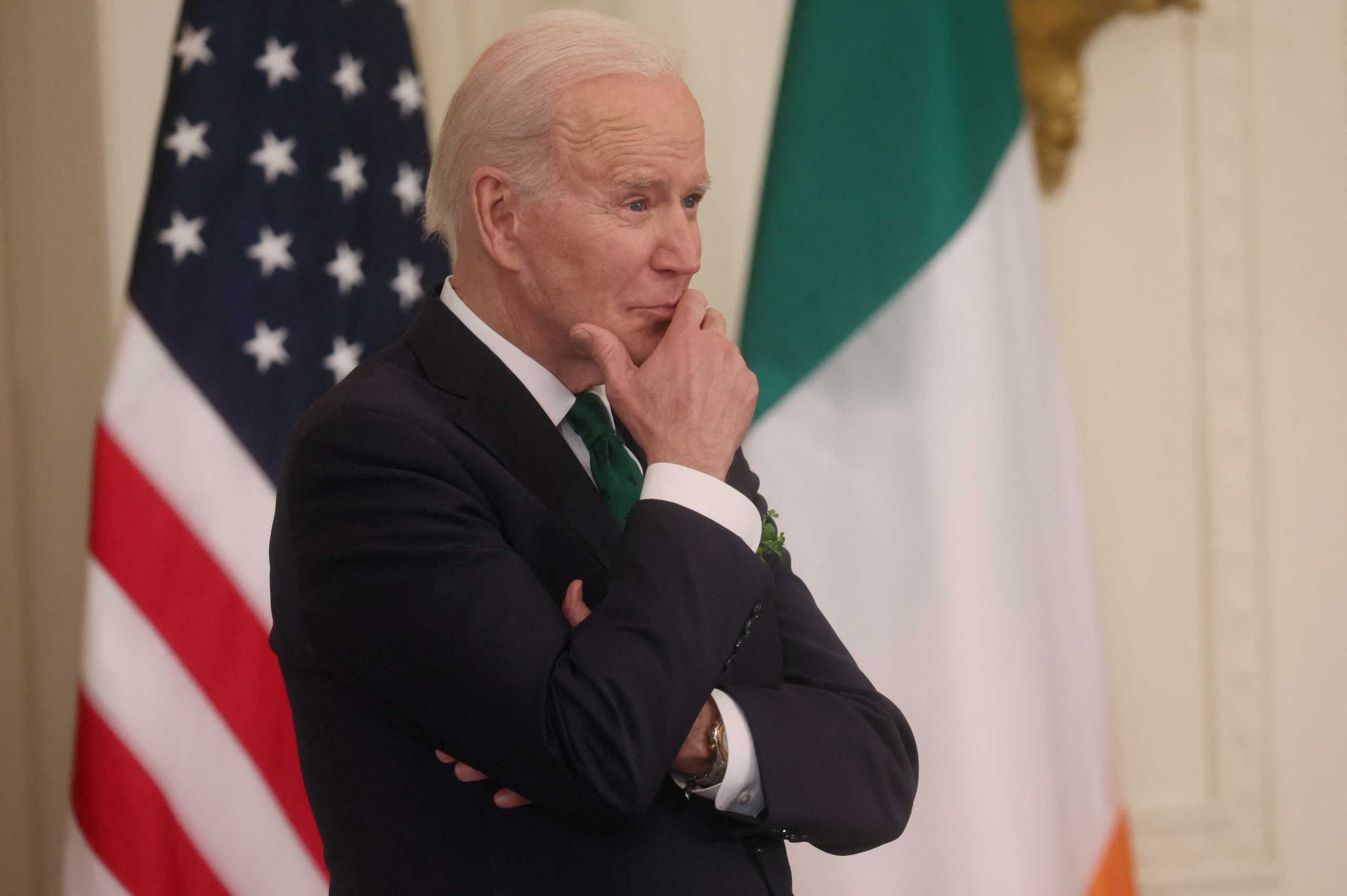 U.S. President Joe Biden and first lady Jill Biden (not pictured) celebrate St. Patrick's Day with a room of guests including lawmakers, family and representatives of the Irish government at the White House in Washington, U.S., March 17, 2022. REUTERS