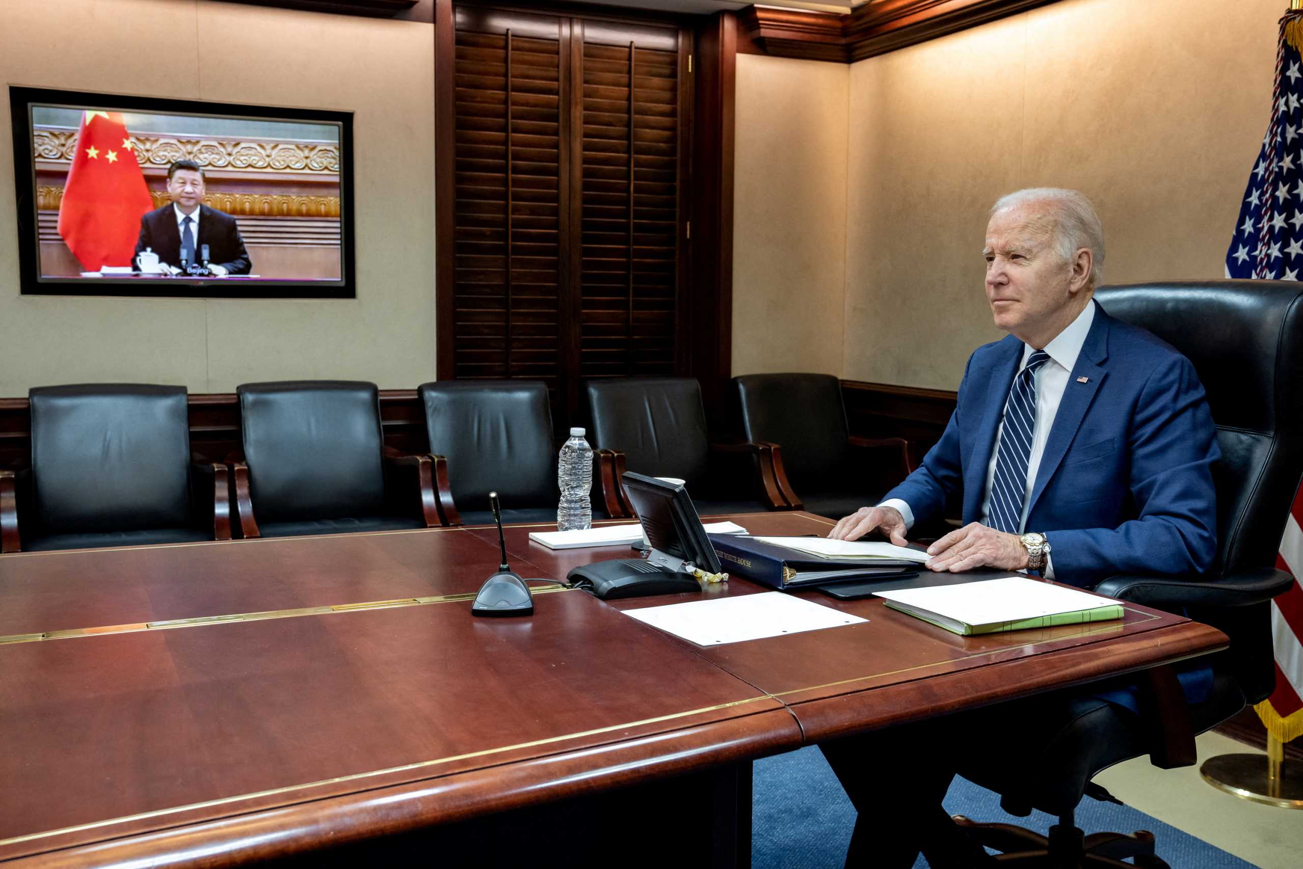 U.S. President Joe Biden holds virtual talks with Chinese President Xi Jinping from the Situation Room at the White House in Washington, U.S., March 18, 2022. The White House