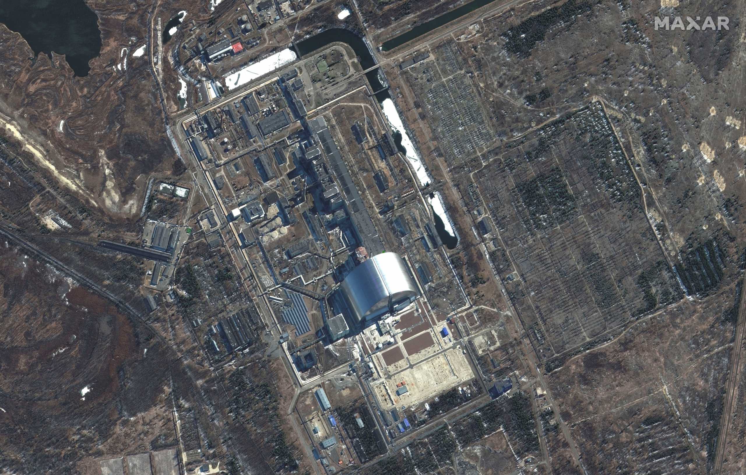 A satellite image shows an overview of Chernobyl, amid Russia's invasion of Ukraine, Ukraine, March 10, 2022.  Satellite image ©2022 Maxar Technologies