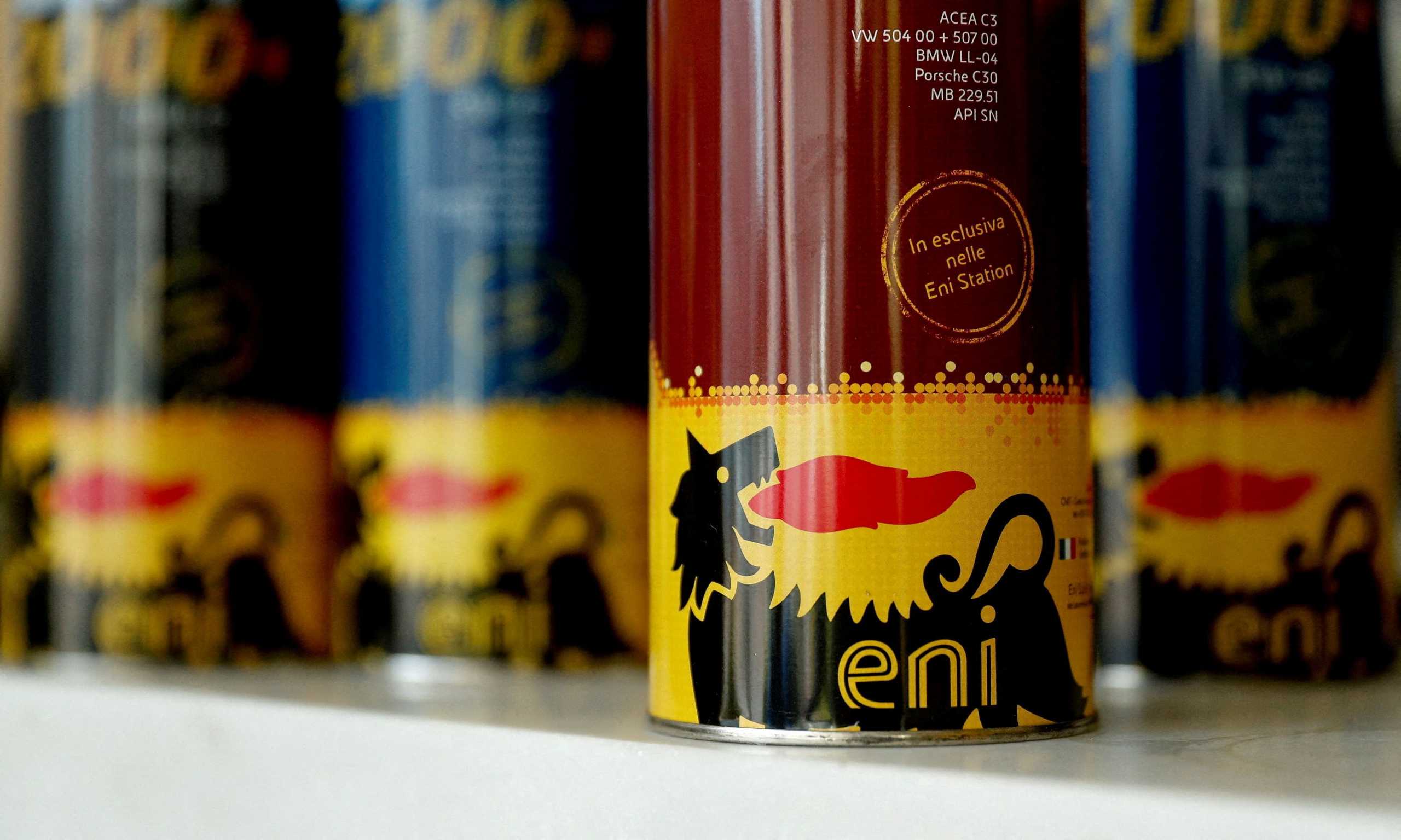 FILE PHOTO: Eni oil cans are seen at a gas station in Rome, Italy September 30, 2018.  REUTERS