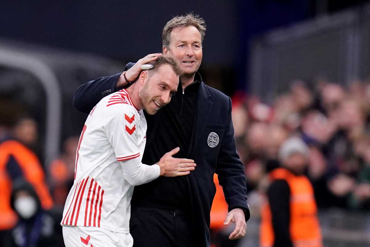 Soccer Football - International Friendly - Denmark v Serbia - Parken, Copenhagen, Denmark - March 29, 2022 Denmark's Christian Eriksen with coach Kasper Hjulmand as he is substituted Liselotte Sabroe