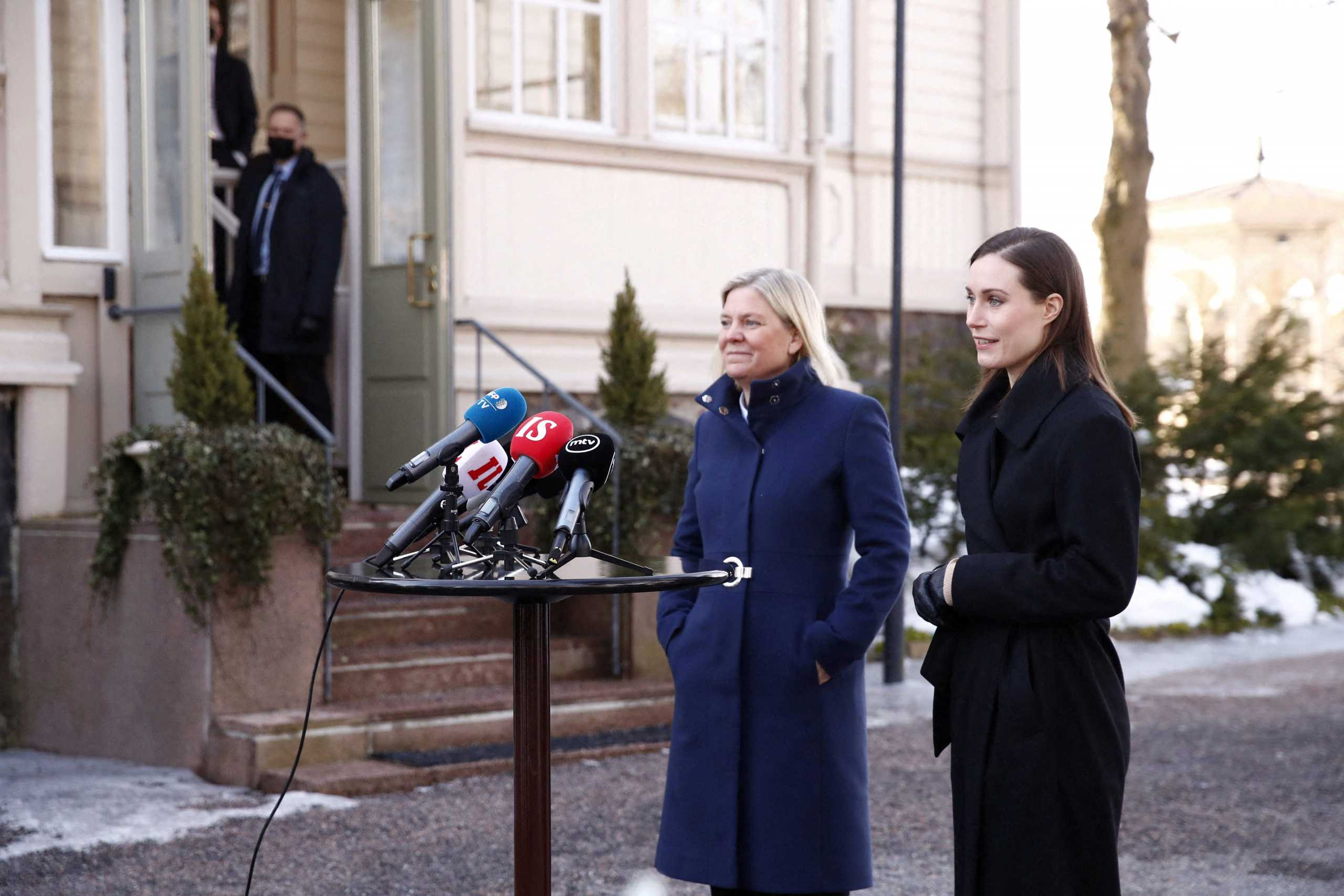 FILE PHOTO: Finland's Prime Minister Sanna Marin and her Swedish counterpart Magdalena Andersson speak to the media outside the Prime Minister's official residence, Kesaranta in Helsinki, Finland March 5, 2022. Roni Rekomaa