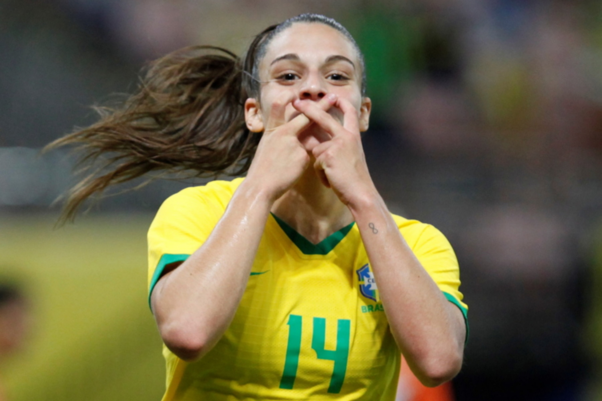 epa09604117 Giovana, of Brazil celebrates after scoring against India during an international friendly soccer match between the women's national soccer teams of Brazil and India at Arena da Amazonia stadium in Manaos, Brazil, 25  EPA