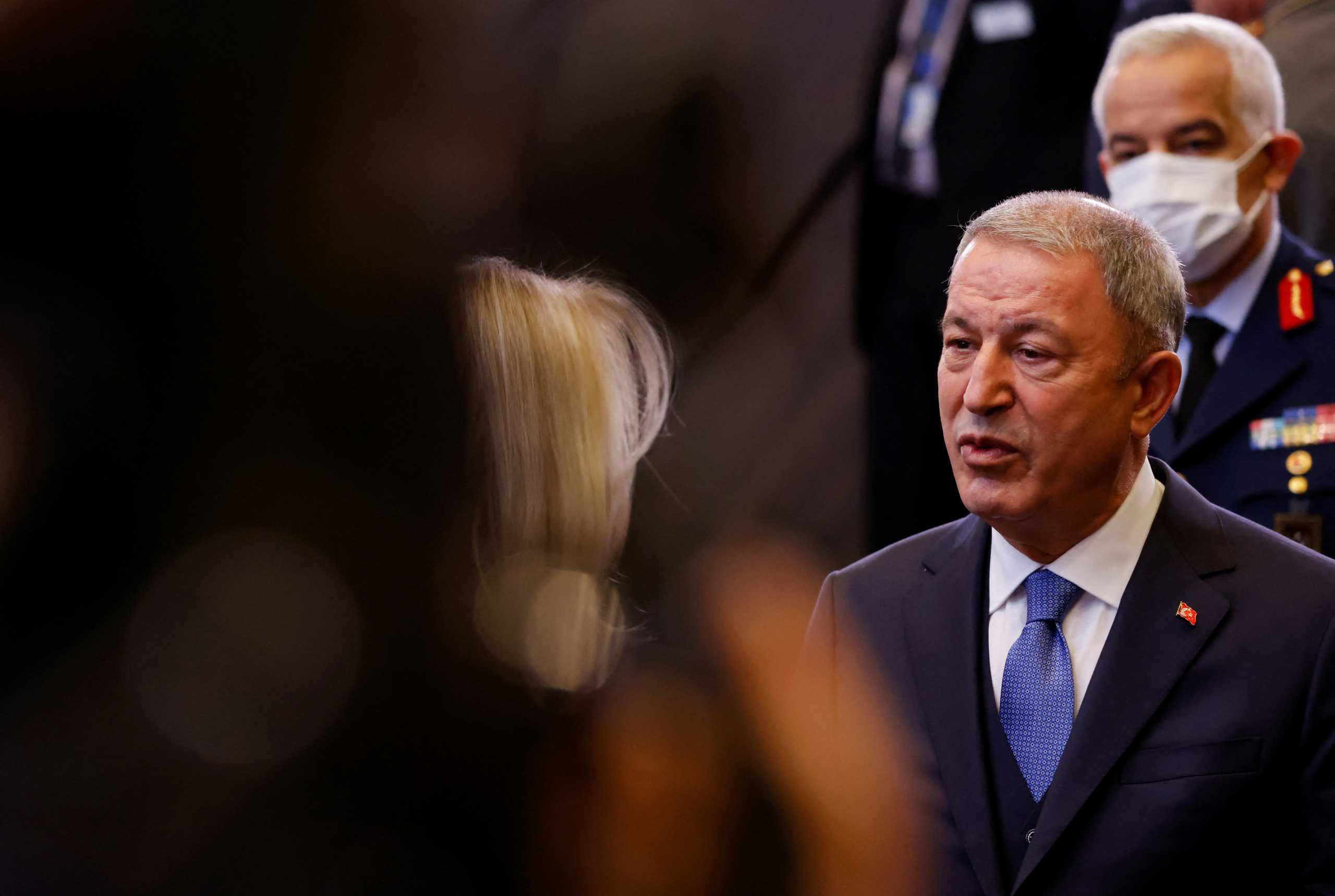 Turkey's Defence Minister Hulusi Akar attends a NATO Defence Ministers meeting in Brussels, Belgium, March 16, 2022. REUTERS