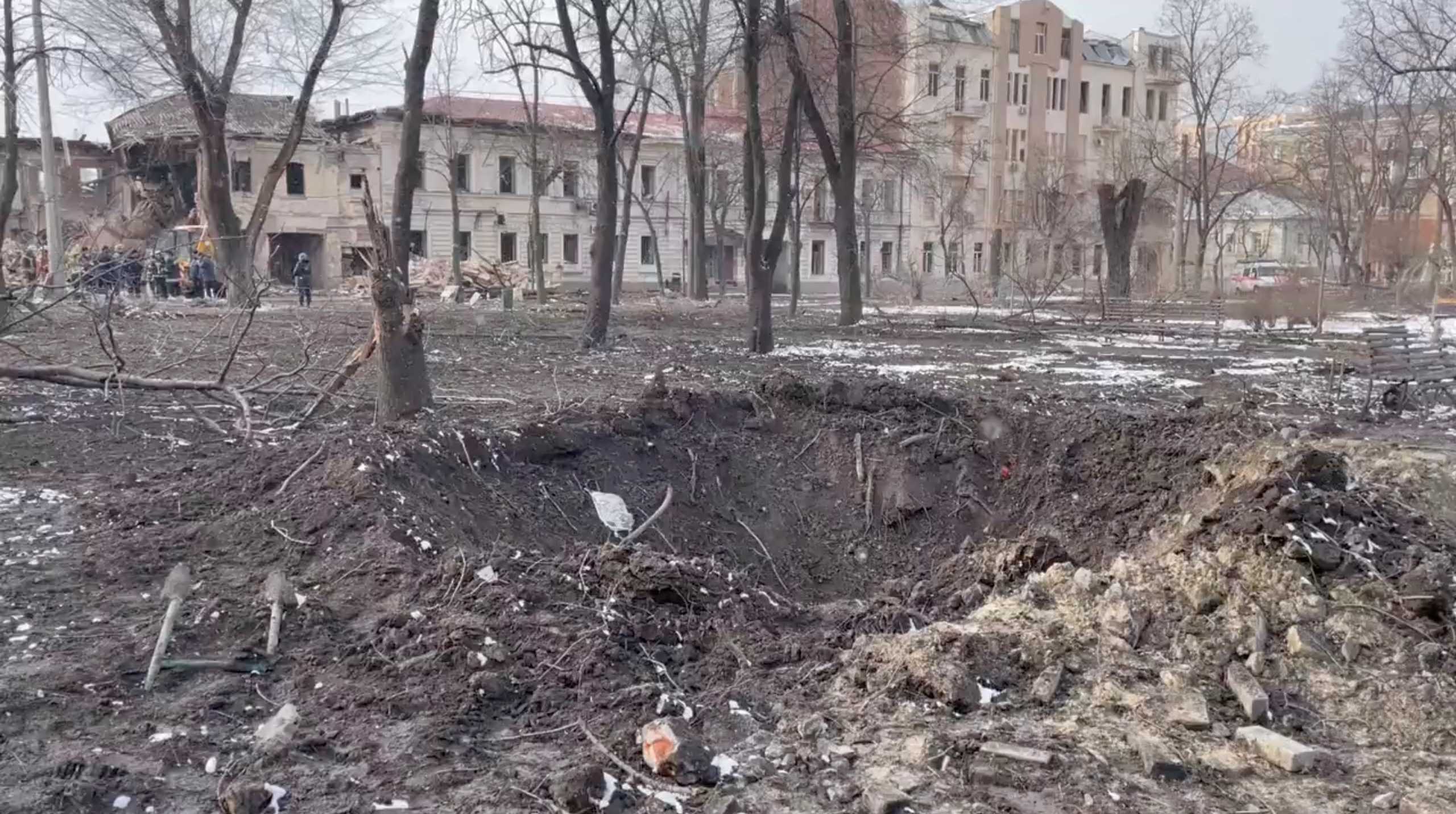 A general view of a blast crater next to the Kharkivs?kyy Apelyatsiynyy Sud building at the Heavenly Hundred Heroes Square, after shelling during Russia's ongoing invasion of Ukraine, in Kharkiv, Ukraine March 9, 2022 in this still image from social media video. Content filmed March 9, 2022. Twitter