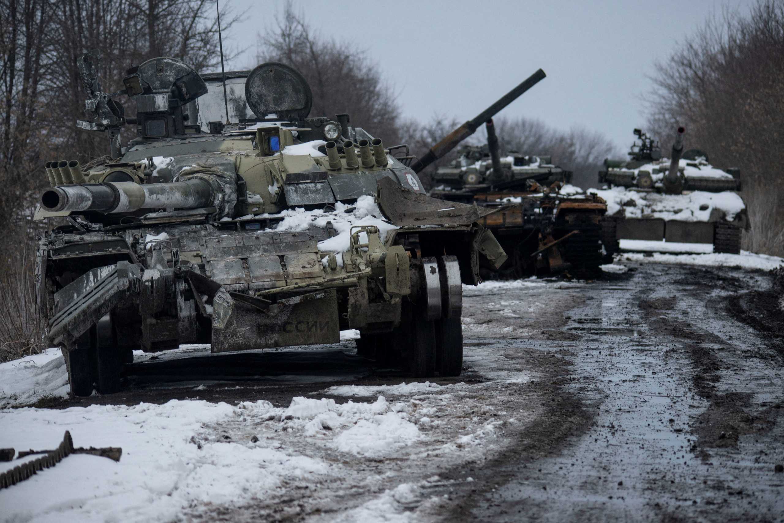Destroyed Russian tanks are seen, amid Russia's invasion of Ukraine, in the Sumy region, Ukraine, March 7, 2022. Picture taken March 7, 2022. Irina Rybakova