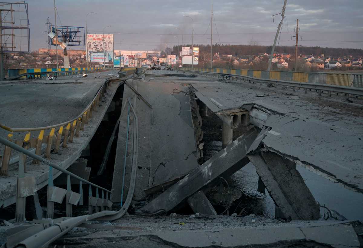 A view shows a destroyed bridge, as Russia's invasion of Ukraine continues, near the town of Bucha in the Kyiv region, Ukraine February 28, 2022. REUTERS