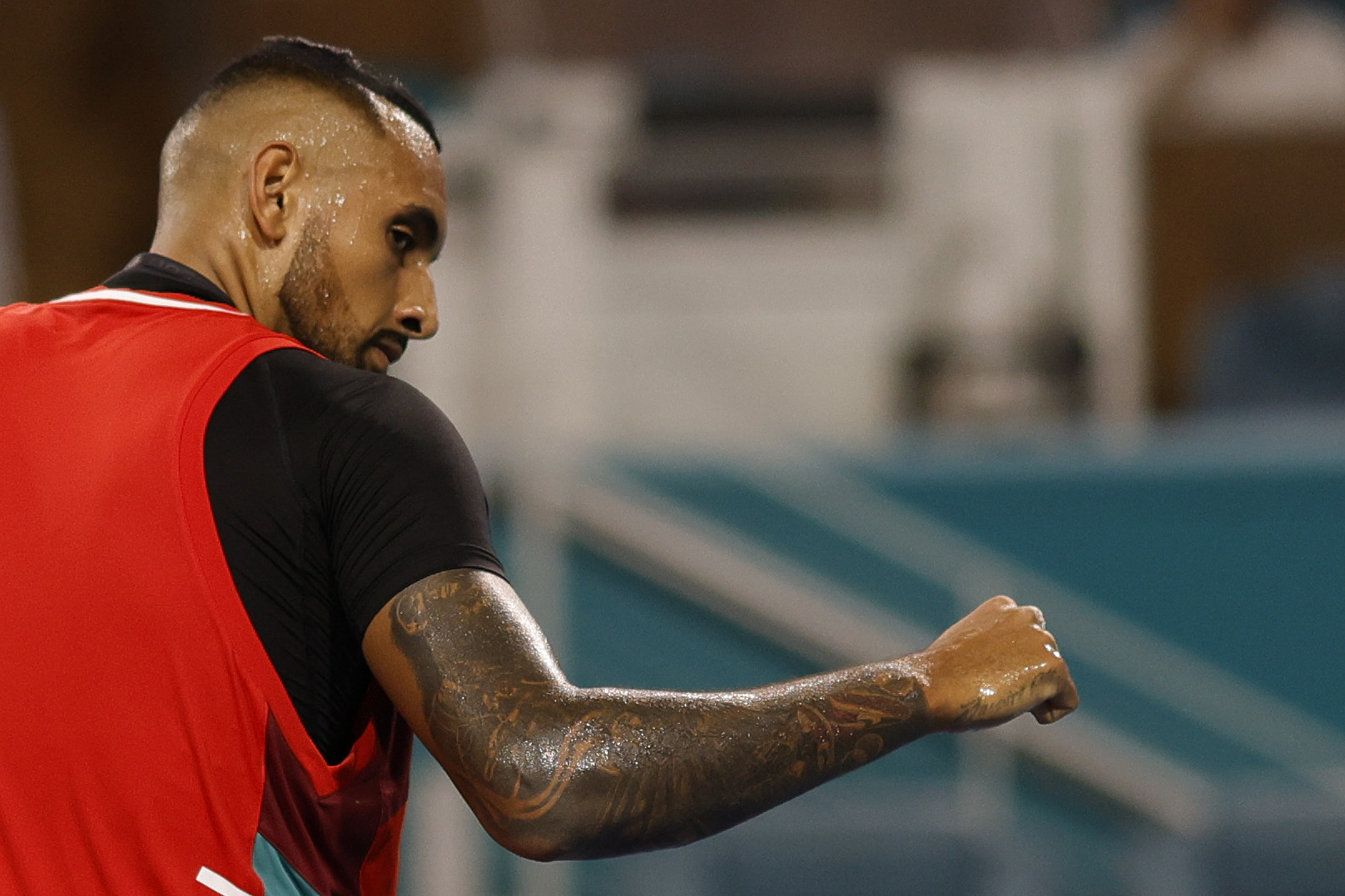Mar 23, 2022; Miami Gardens, FL, USA; Nick Kyrgios (AUS) reacts after winning the first set against Adrian Mannarino (FRA) (not pictured) in a first round men's singles match in the Miami Open at Hard Rock Stadium. Mandatory Credit: Geoff Burke-USA TODAY Sports