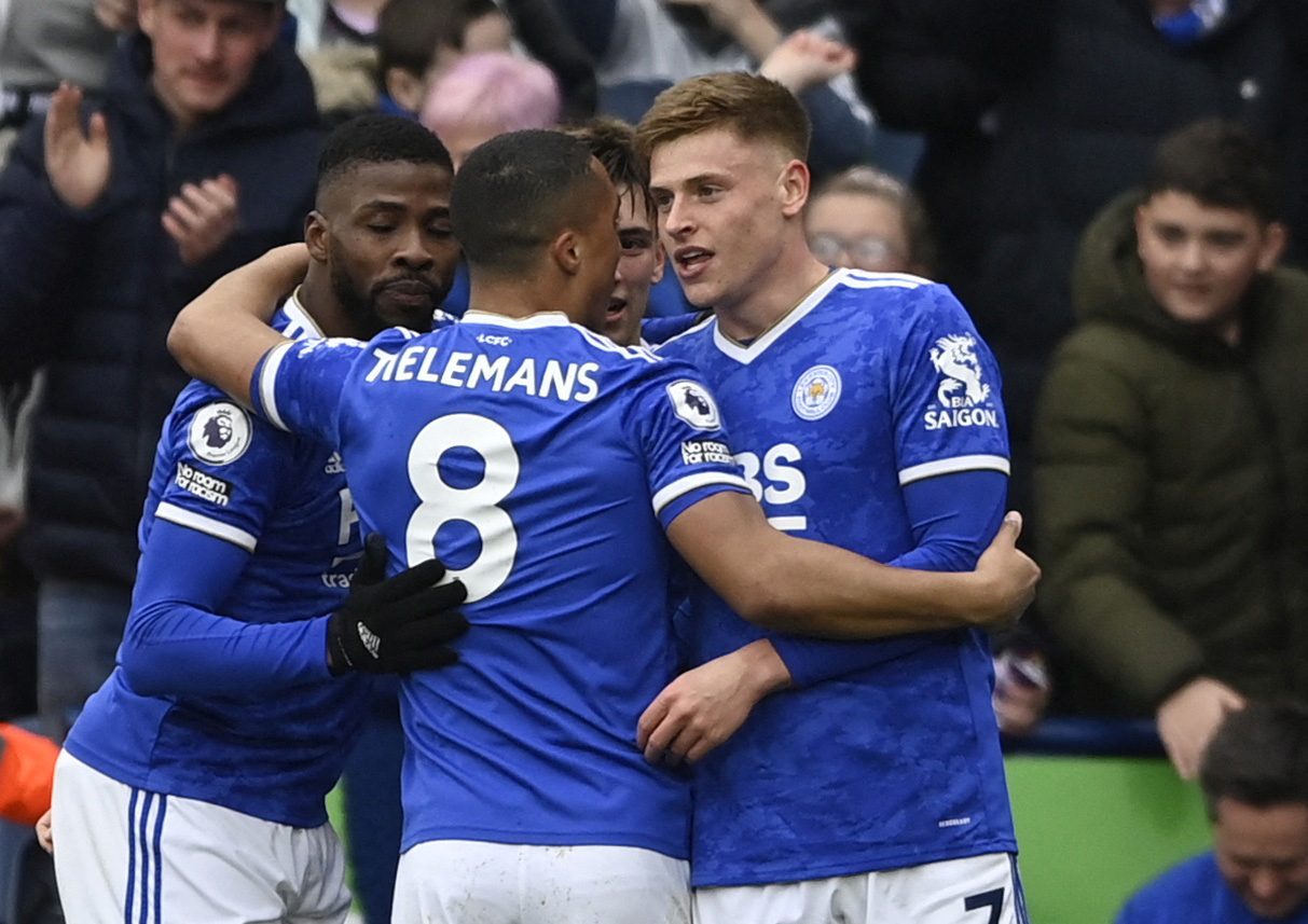 Soccer Football - Premier League - Leicester City v Leeds United - King Power Stadium, Leicester, Britain - March 5, 2022  Leicester City's Harvey Barnes celebrates scoring their first goal with teammates REUTERS