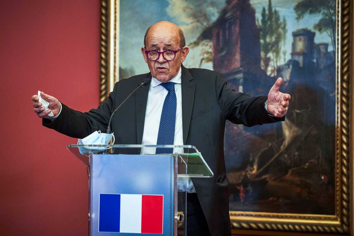 French Foreign Minister Jean-Yves Le Drian speaks during a news conference following a meeting with his German and Polish counterparts in Lodz, Poland March 1, 2022. Tomasz Stanczak