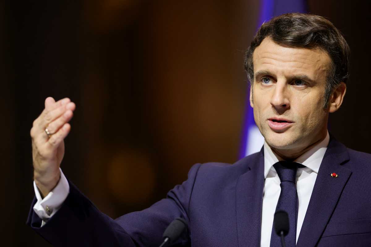 French President Emmanuel Macron gestures as he speaks during a news conference after an informal summit of EU leaders at the Chateau de Versailles (Versailles Palace), following Russia's invasion of Ukraine, in Versailles, near Paris, France March 11, 2022. REUTERS