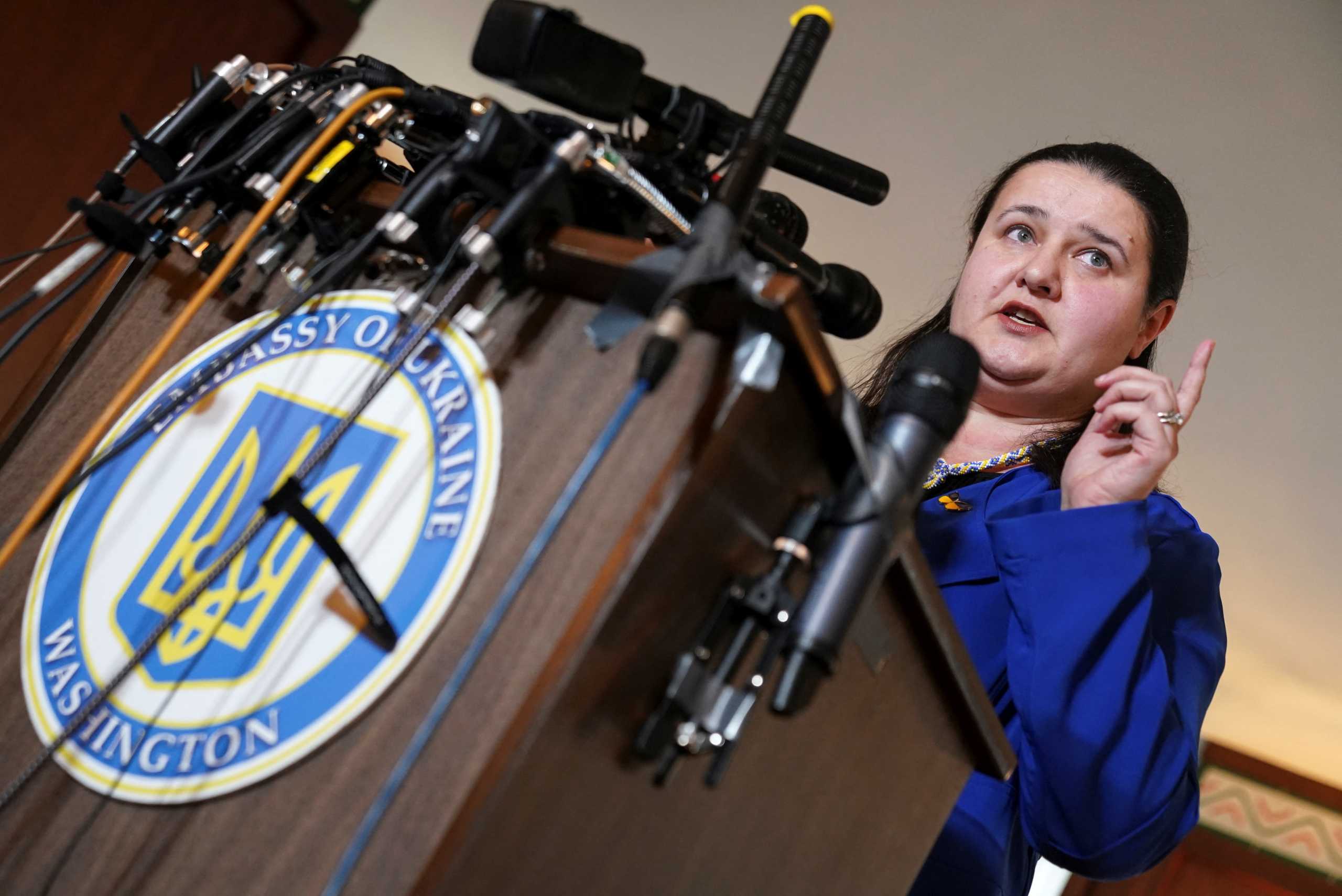 Ukrainian Ambassador to the U.S. Oksana Markarova speaks to reporters about Russia's attack on Ukraine, at the Ukraine Embassy in Washington, U.S., February 24, 2022 REUTERS