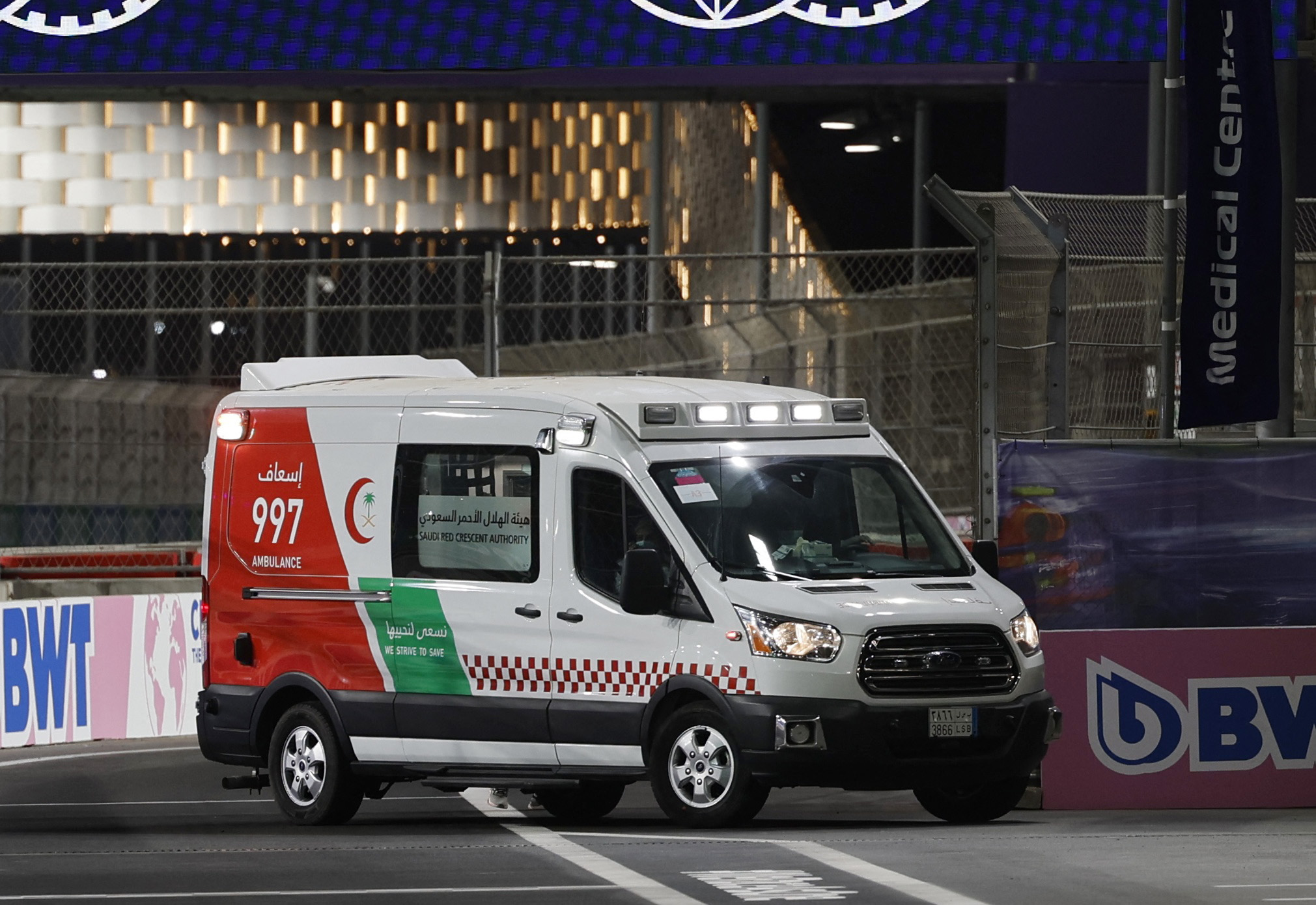 Formula One F1 - Saudi Arabia Grand Prix - Jeddah Corniche Circuit, Jeddah, Saudi Arabia - March 26, 2022  Haas' Mick Schumacher is taken away in an ambulance after crashing during qualifying REUTERS