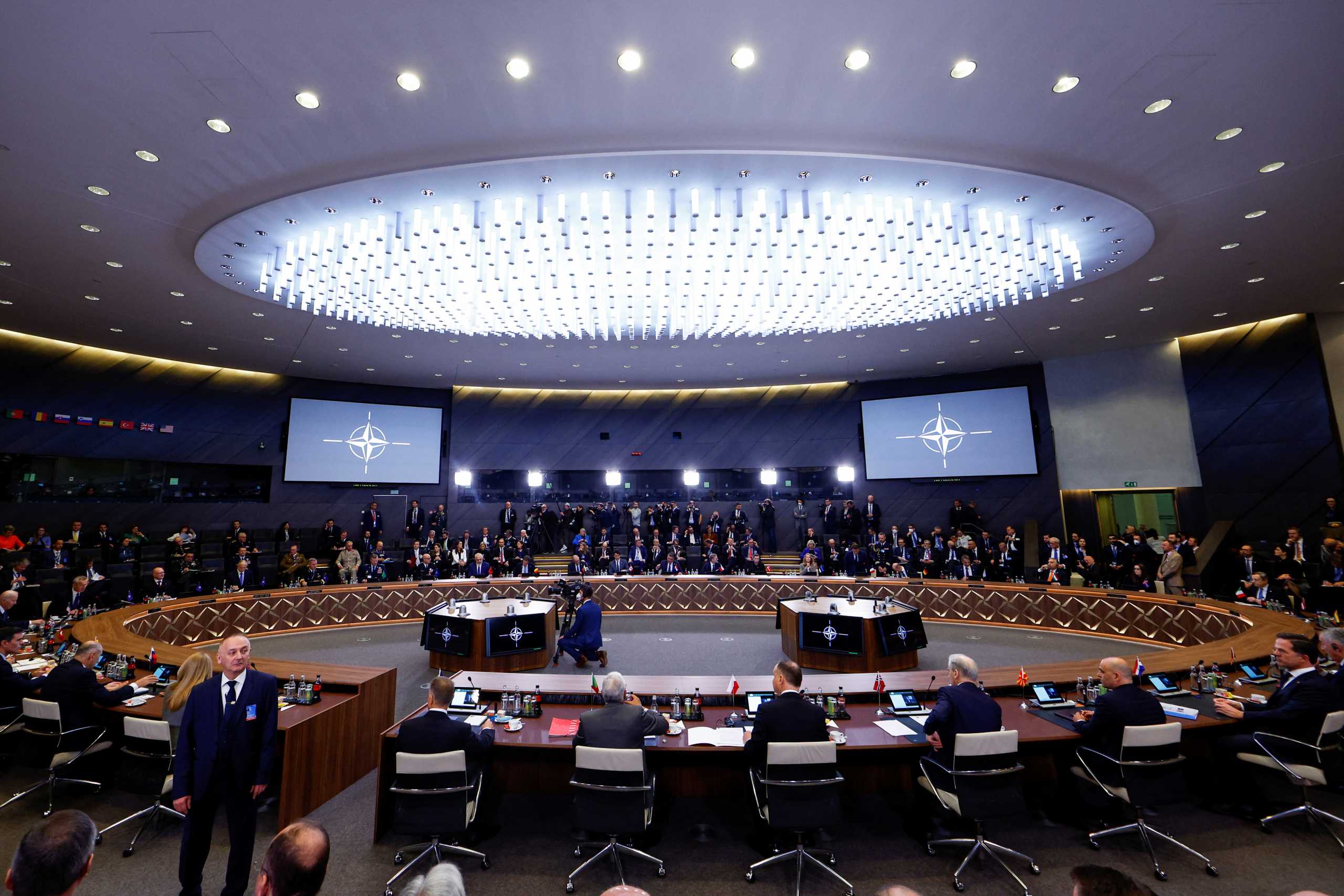 A general view at the start of a round table meeting during a NATO summit to discuss Russia's invasion of Ukraine, at the alliance's headquarters in Brussels, Belgium, March 24, 2022. REUTERS