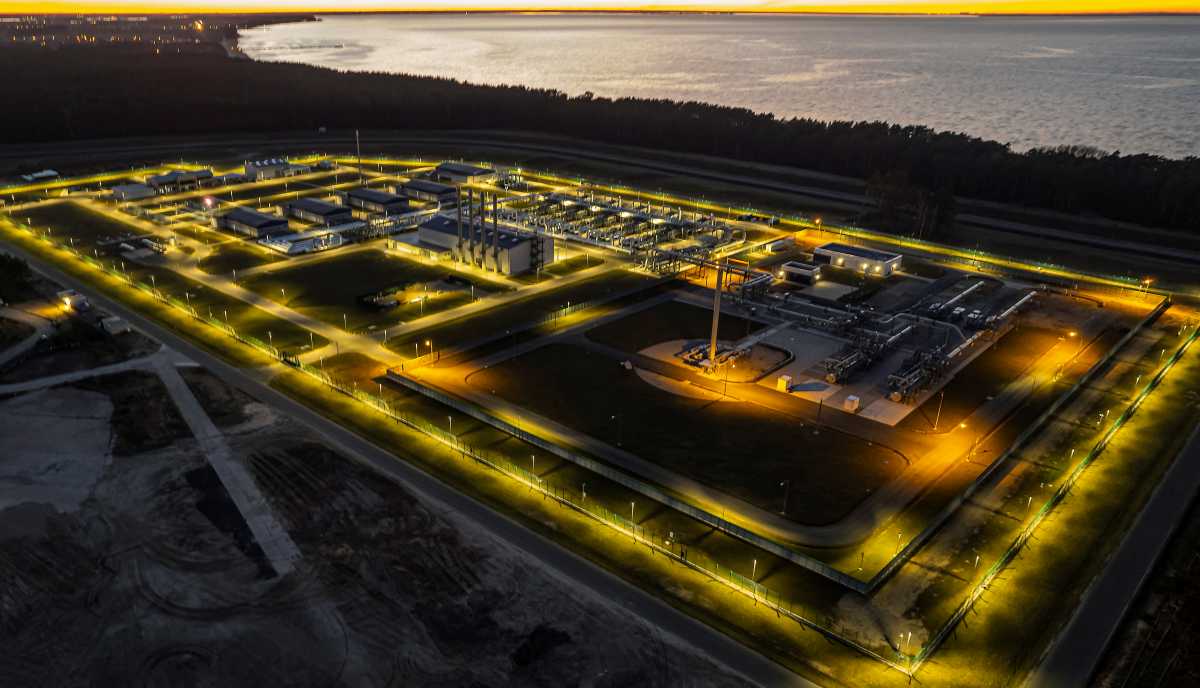 Pipes at the landfall facilities of the 'Nord Stream 2' gas pipeline are pictured in Lubmin, Germany, March 7, 2021. Picture taken with a drone. Picture taken with a slow shutter speed. REUTERS
