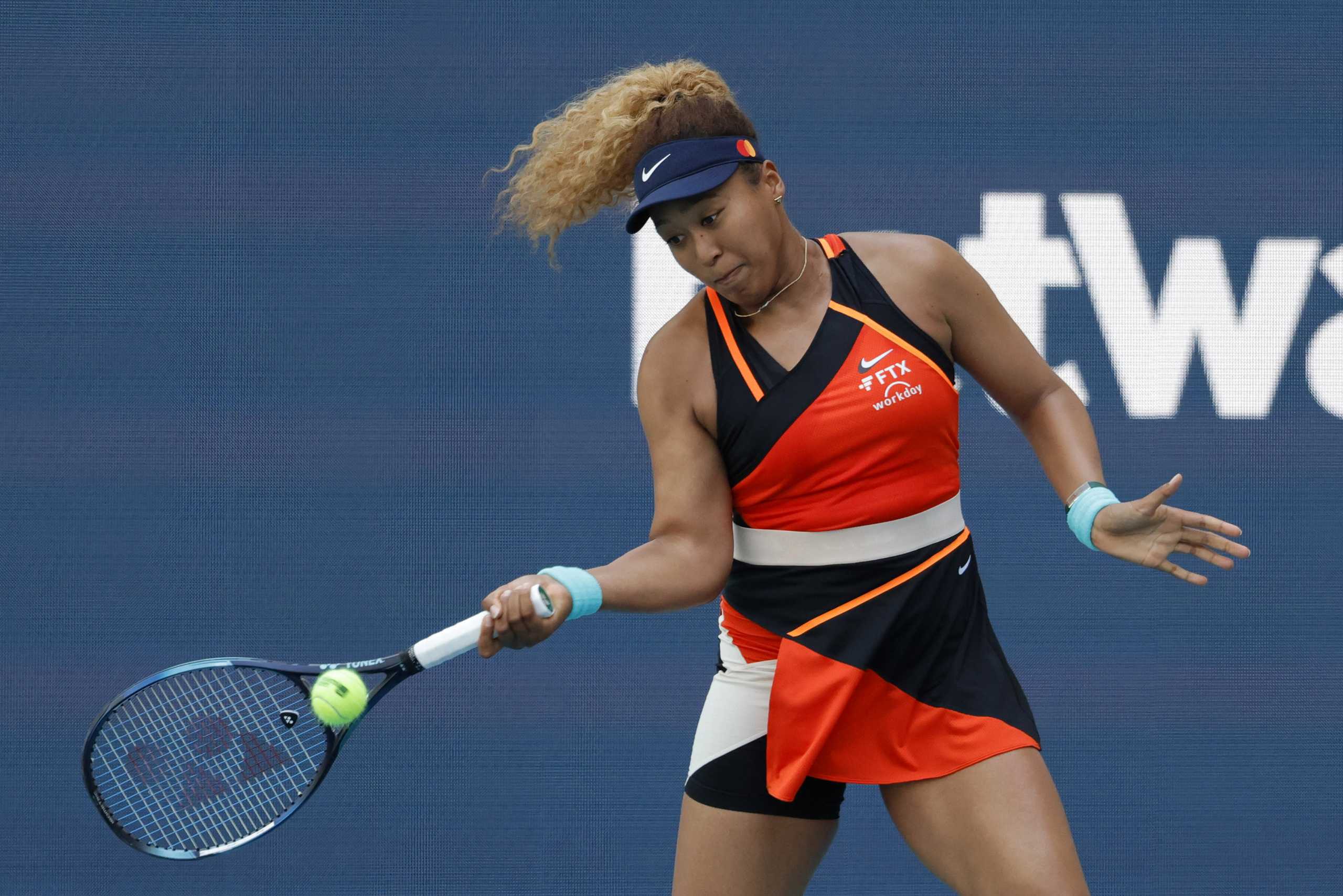 Mar 28, 2022; Miami Gardens, FL, USA; Naomi Osaka (JPN) hits a forehand against Alison Riske (USA)(not pictured) in a fourth round women's singles match in the Miami Open at Hard Rock Stadium. Mandatory Credit: Geoff Burke-USA TODAY Sports