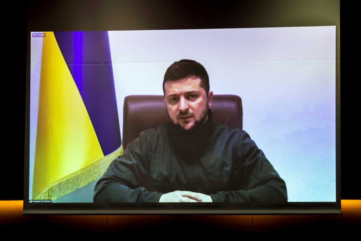 Ukraine's President Volodymyr Zelenskiy addresses Japan's lower house of the parliament via video-link at the House of Representatives office building in Tokyo, Japan March 23, 2022. Behrouz Mehri