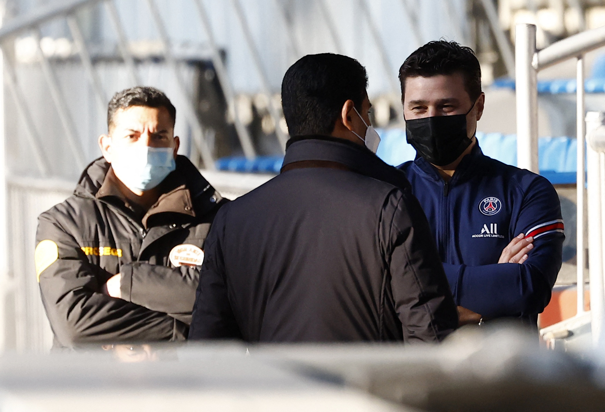 Soccer Football - Champions League - Paris St Germain Training & Press Conference - Santiago Bernabeu, Madrid, Spain - March 8, 2022 Paris St Germain coach Mauricio Pochettino with president Nasser Al-Khelaifi before training REUTERS
