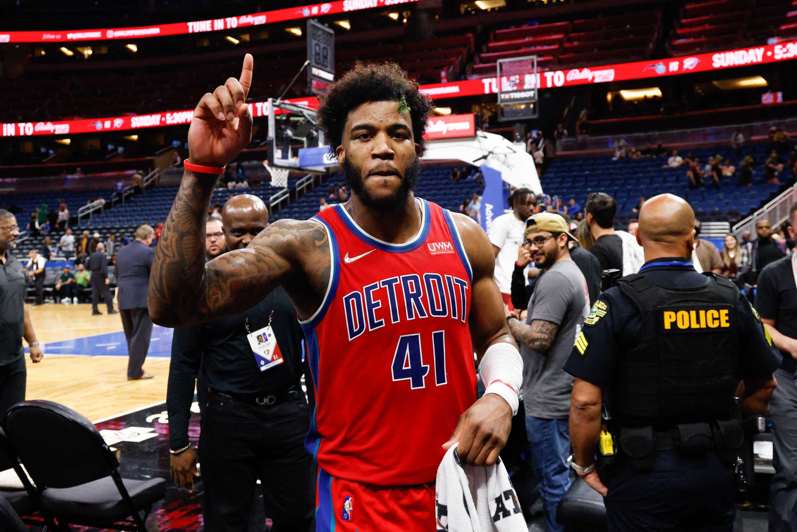 Mar 17, 2022; Orlando, Florida, USA;  Detroit Pistons forward Saddiq Bey (41) reacts after scoring 51 points against the Orlando Magic at Amway Center. Mandatory Credit: Nathan Ray Seebeck-USA TODAY Sports