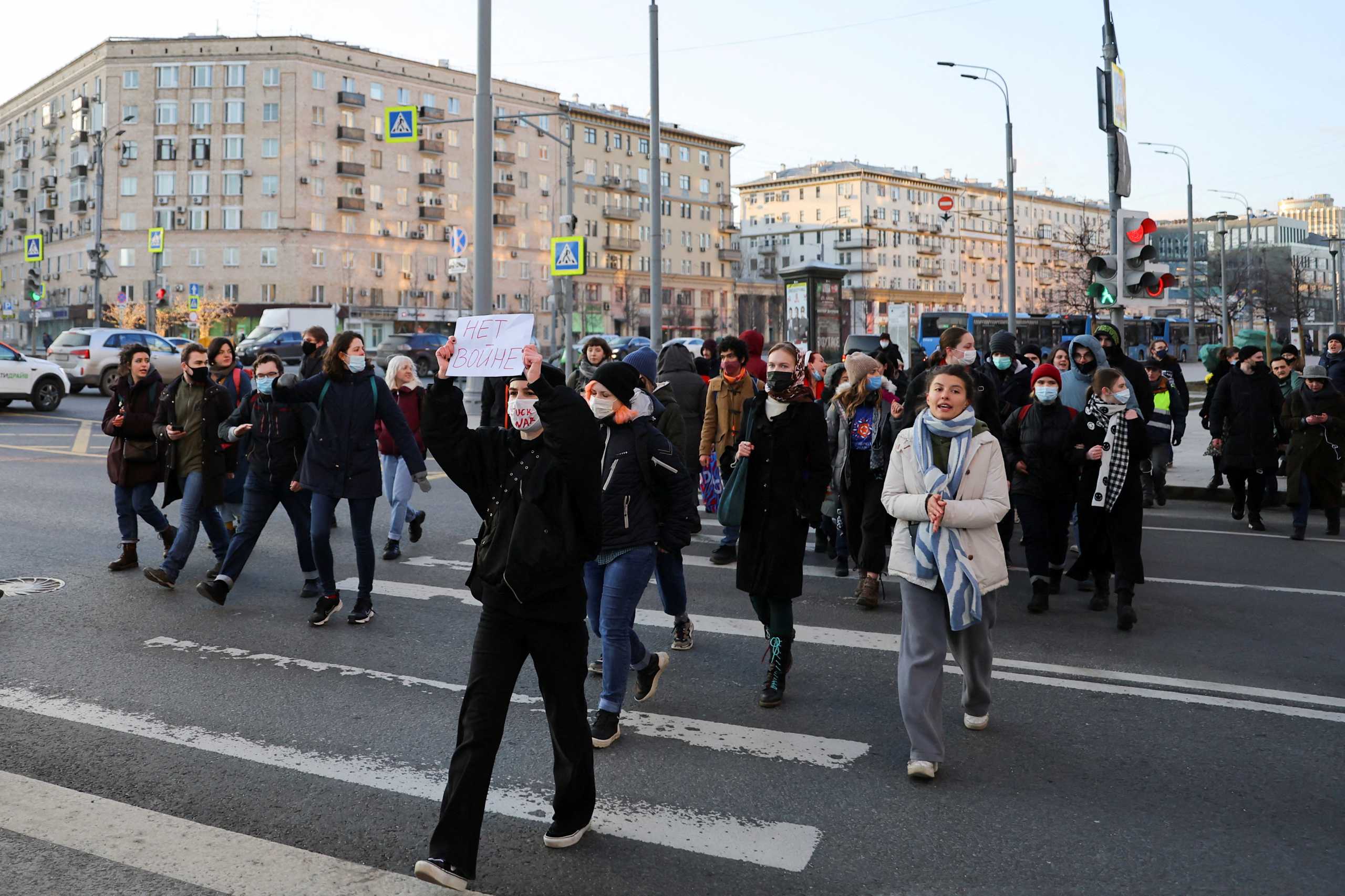 FILE PHOTO: People take part in a protest against Russian invasion of Ukraine, after President Vladimir Putin authorised a massive military operation, in Moscow, Russia February 27, 2022. REUTERS