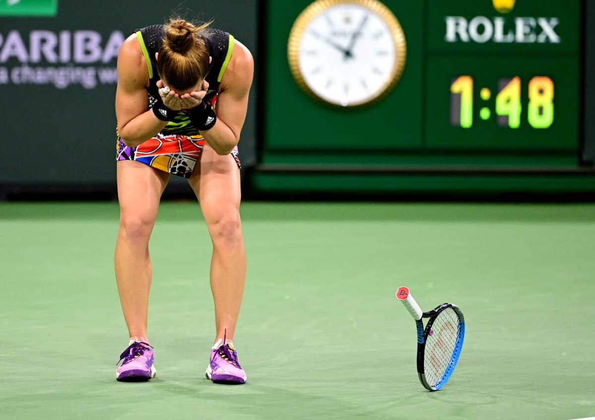 Mar 18, 2022; Indian Wells, CA, USA; Maria Sakkari (GRE) is overcome with emotion after defeating Paula Badosa (ESP) in her semifinal match during the BNP Paribas Open at the Indian Wells Tennis Garden. Mandatory Credit: Jayne Kamin-Oncea-USA TODAY Sports