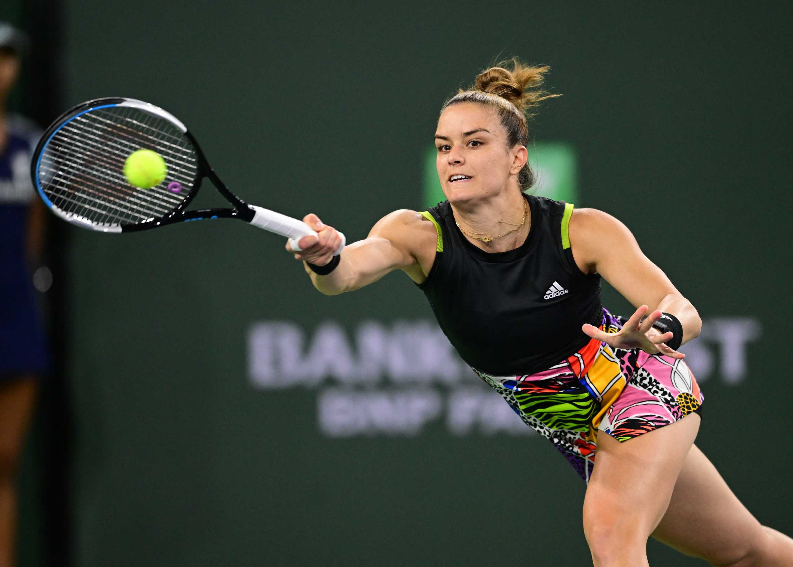 Mar 18, 2022; Indian Wells, CA, USA; Maria Sakkari (GRE) hits a shot as she defeated Paula Badosa (ESP) in her semifinal match during the BNP Paribas Open at the Indian Wells Tennis Garden. Mandatory Credit: Jayne Kamin-Oncea-USA TODAY Sports