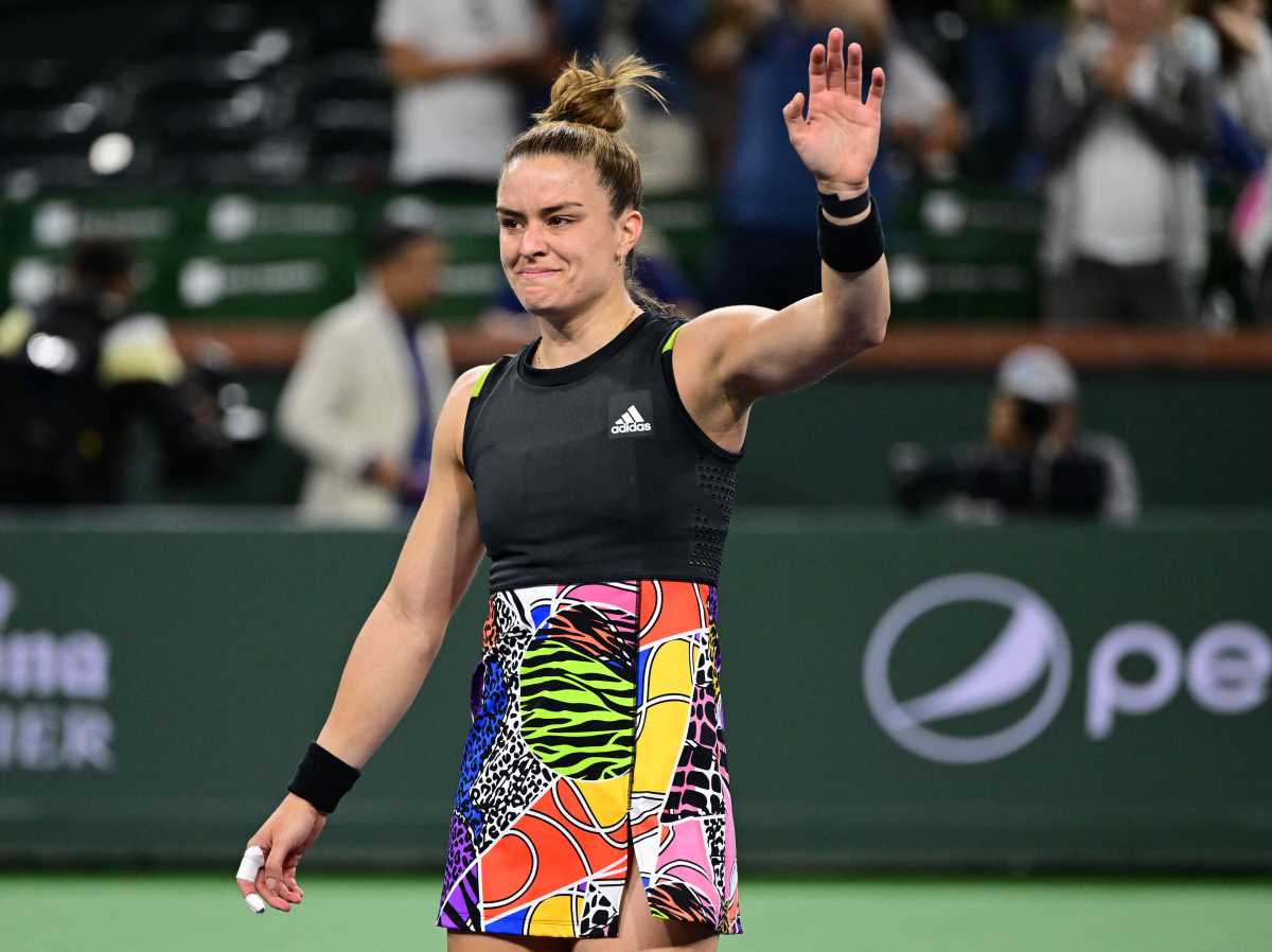 Mar 18, 2022; Indian Wells, CA, USA; Maria Sakkari (GRE) is overcome with emotion after defeating Paula Badosa (ESP) in her semifinal match during the BNP Paribas Open at the Indian Wells Tennis Garden. Mandatory Credit: Jayne Kamin-Oncea-USA TODAY Sports