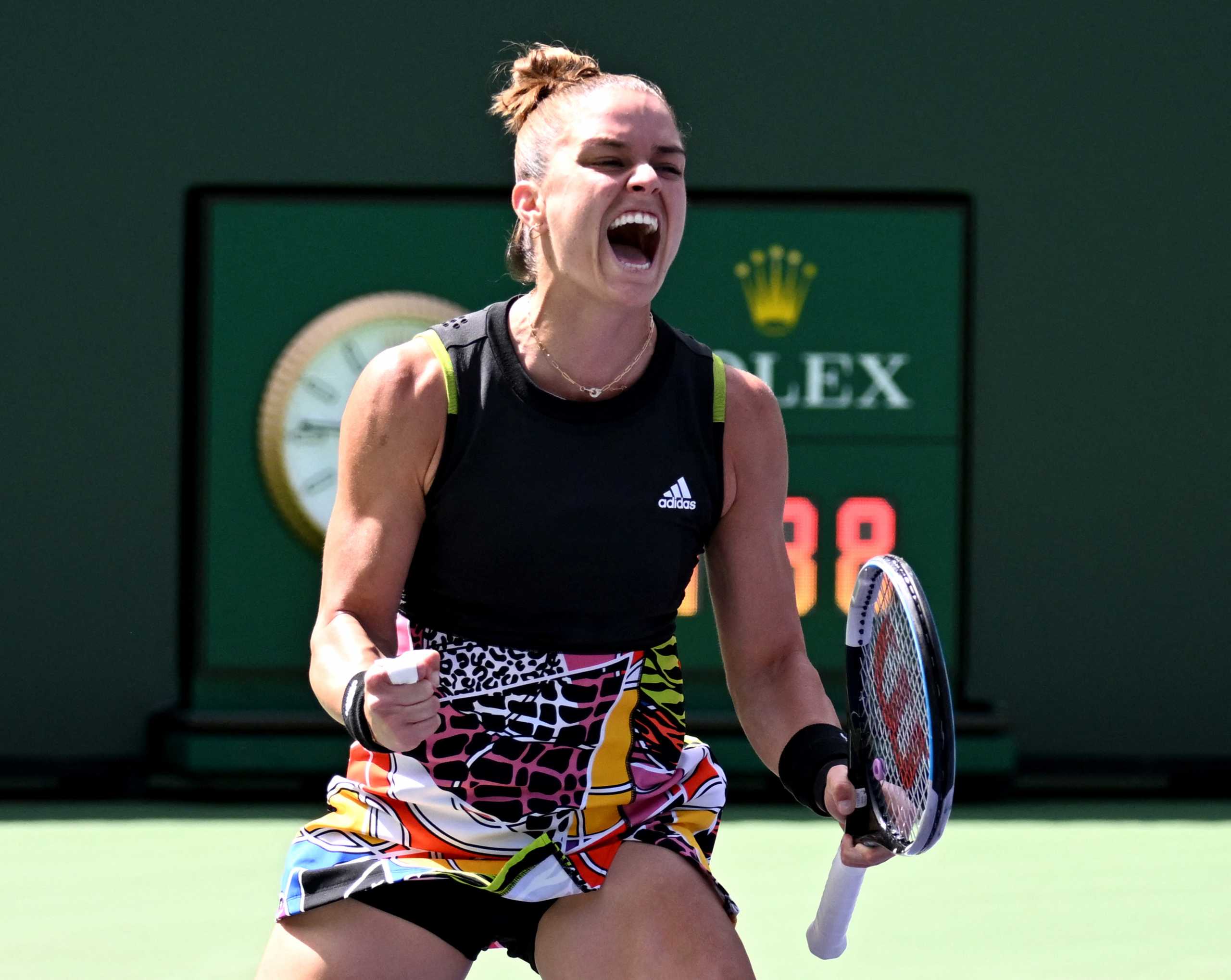 Mar 17, 2022; Indian Wells, CA, USA;  Maria Sakkari (GRE) celebrates as she defeated Elena Rybakina (KAZ) in her quarterfinal match at the BNP Paribas Open at the Indian Wells Tennis Garden. Mandatory Credit: Jayne Kamin-Oncea-USA TODAY Sports