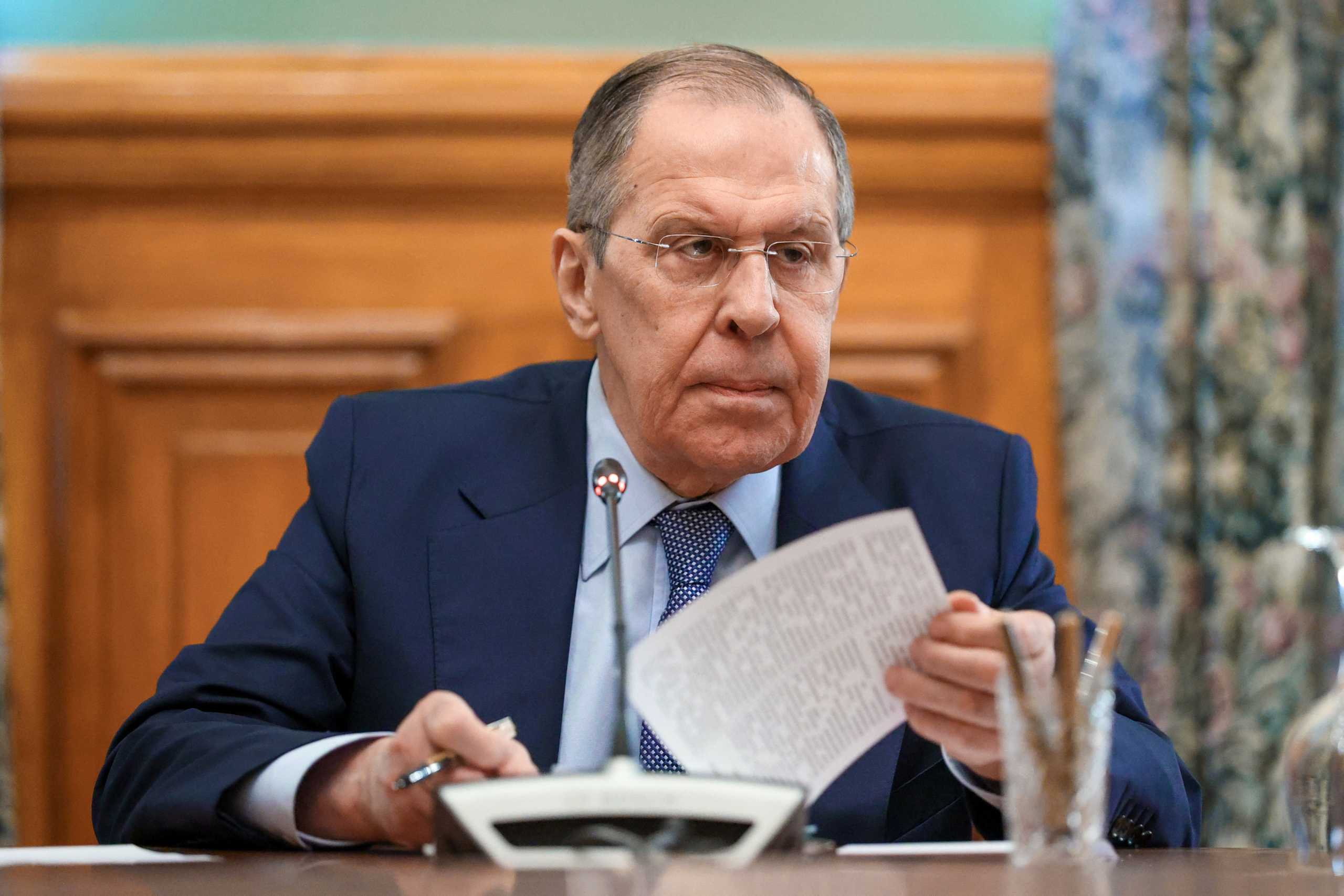 Russia's Foreign Minister Sergei Lavrov attends a meeting with Vladislav Deinego, head of the Foreign Ministry of the self-proclaimed Lugansk People's Republic, and Sergei Peresada, deputy head of the Foreign Ministry of the self-proclaimed Donetsk People's Republic, in Moscow, Russia February 25, 2022. Russian Foreign Ministry