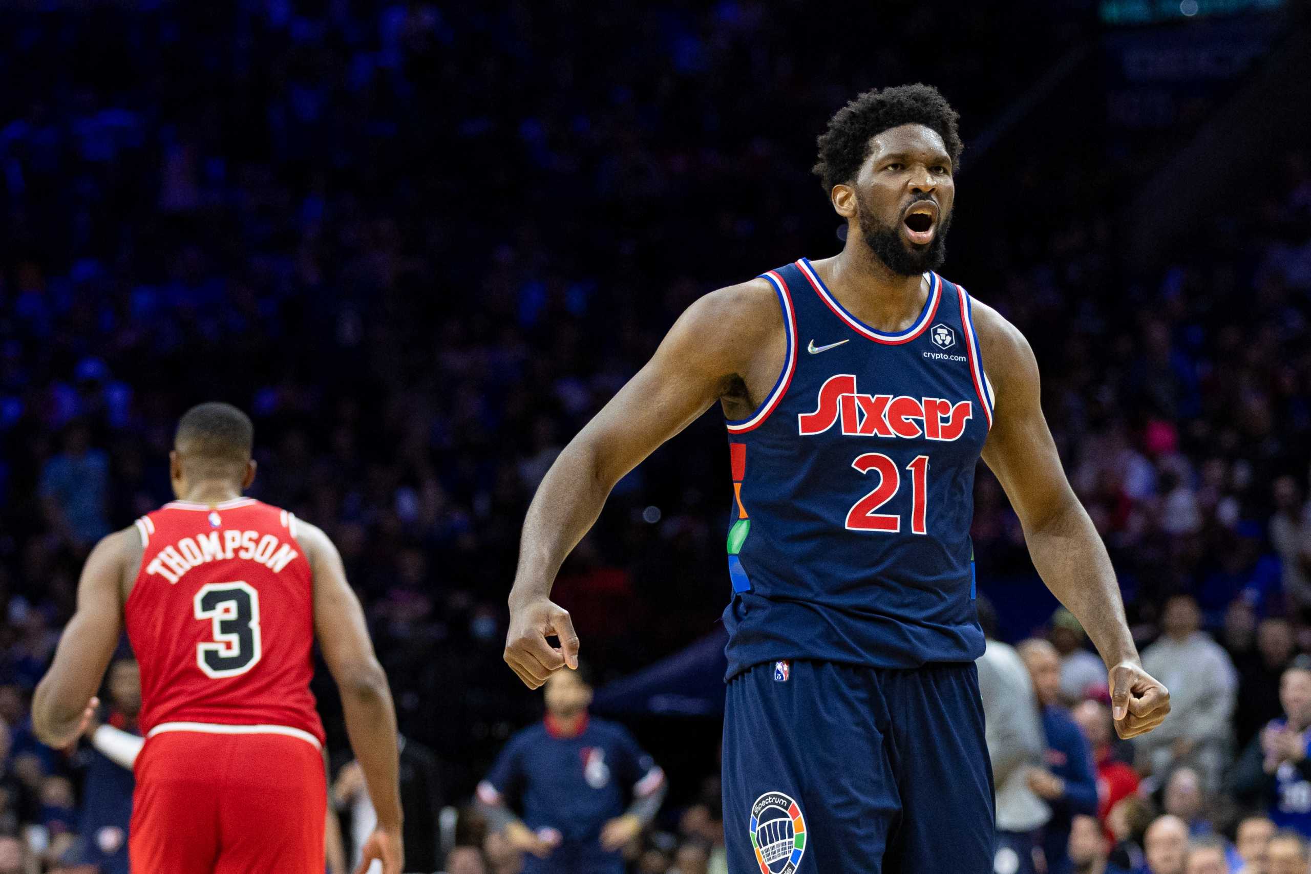 Mar 7, 2022; Philadelphia, Pennsylvania, USA; Philadelphia 76ers center Joel Embiid (21) reacts after a score against the Chicago Bulls during the fourth quarter at Wells Fargo Center. Mandatory Credit: Bill Streicher-USA TODAY Sports