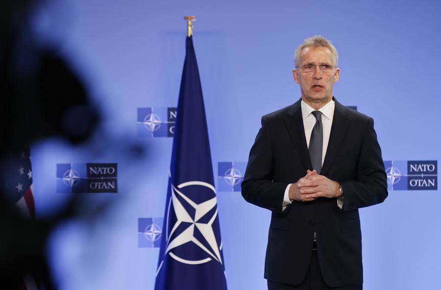 epa09828228 NATO Secretary-General Jens Stoltenberg speaks as he meets with the U.S. Defence Secretary during an extraordinary meeting of the NATO Defence Ministers in Brussels, Belgium, 16 March 2022.  EPA