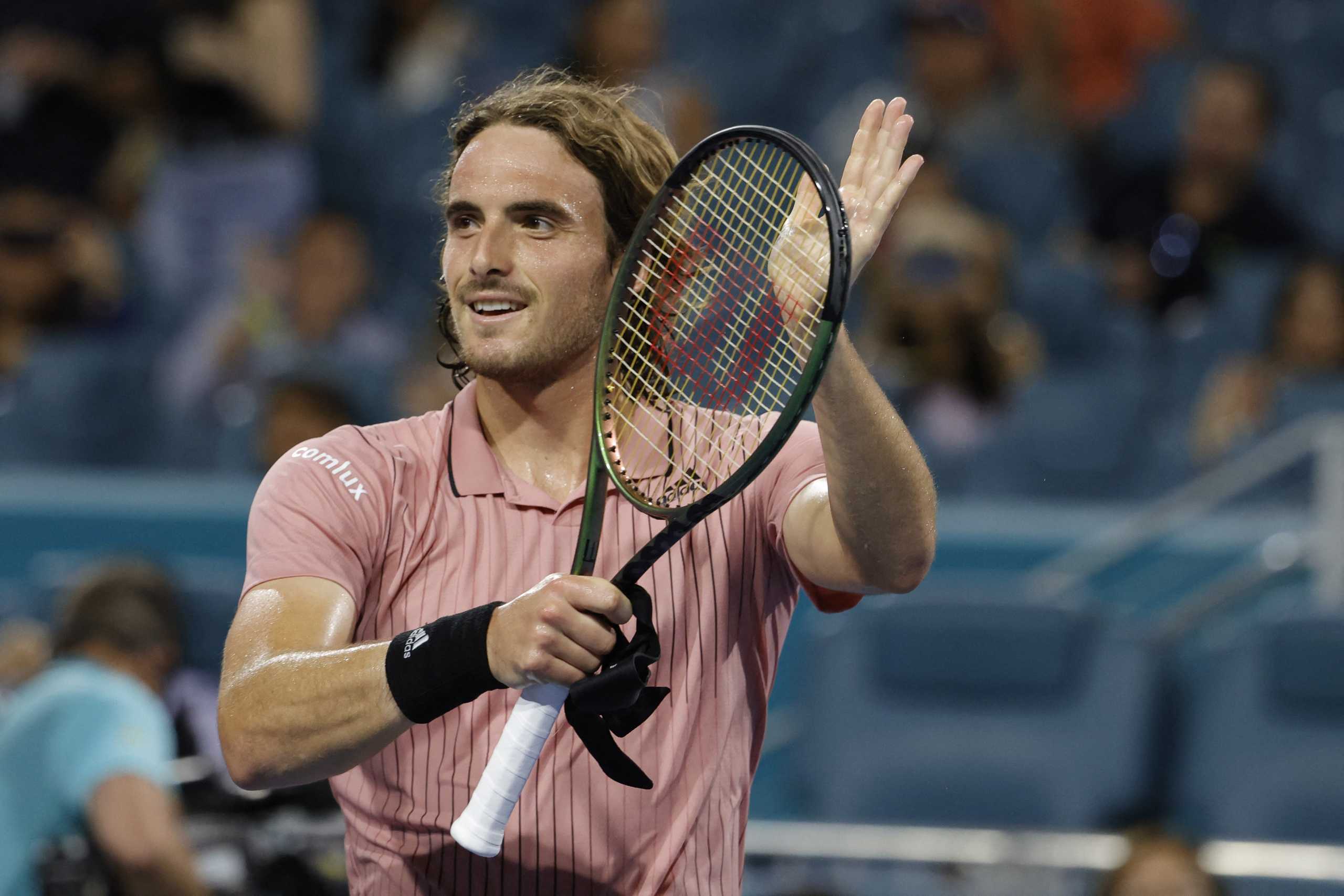 Mar 28, 2022; Miami Gardens, FL, USA; Stefanos Tsitsipas (GRE) salutes the crowd after his match against Alex de Minaur (AUS)(not pictured) in a third round men's singles match in the Miami Open at Hard Rock Stadium. Mandatory Credit: Geoff Burke-USA TODAY Sports