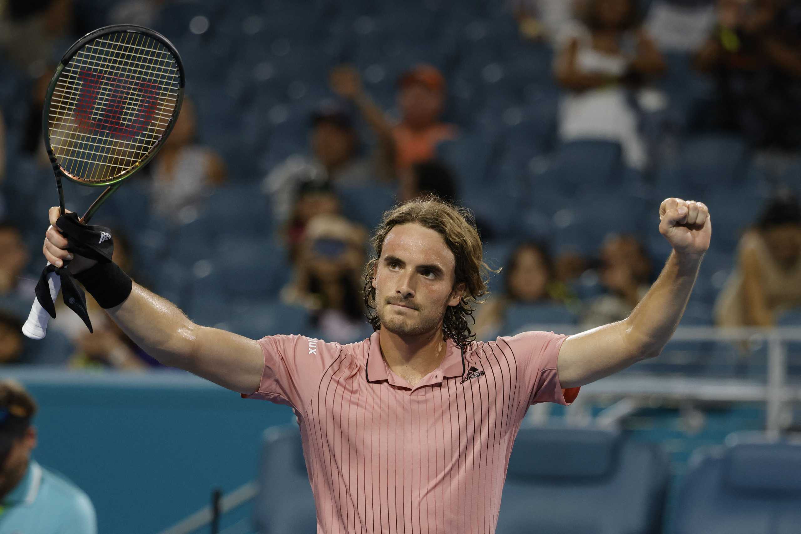 Mar 28, 2022; Miami Gardens, FL, USA; Stefanos Tsitsipas (GRE) salutes the crowd after his match against Alex de Minaur (AUS)(not pictured) in a third round men's singles match in the Miami Open at Hard Rock Stadium. Mandatory Credit: Geoff Burke-USA TODAY Sports