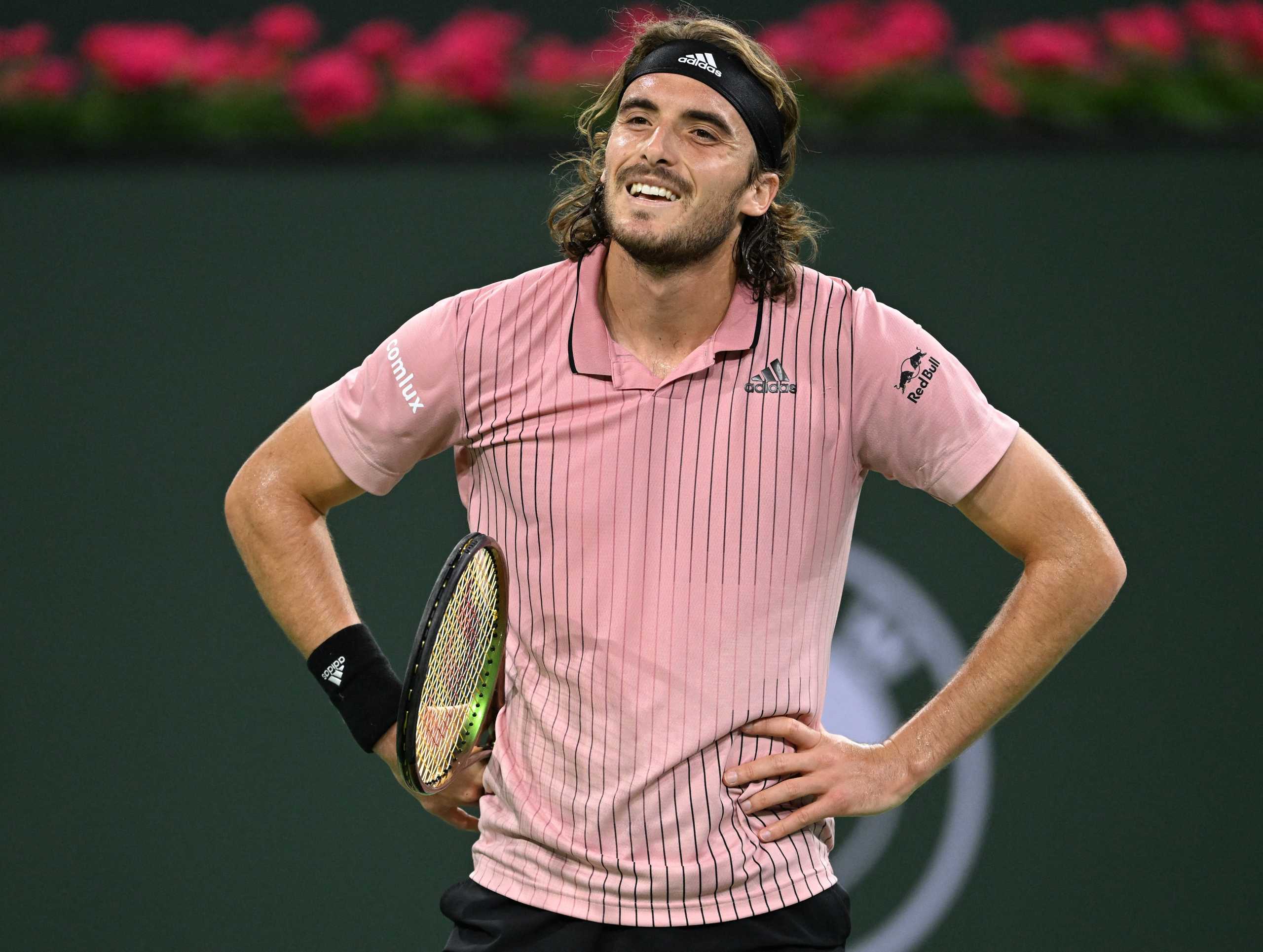 Mar 14, 2022; Indian Wells, CA, USA; Stefanos Tsitsipas (GRE) reacts after missing a shot in his third round match against Jenson Brooksby (not pictured) during the BNP Paribas Open at the Indian Wells Tennis Garden. Mandatory Credit: Jayne Kamin-Oncea-USA TODAY Sports