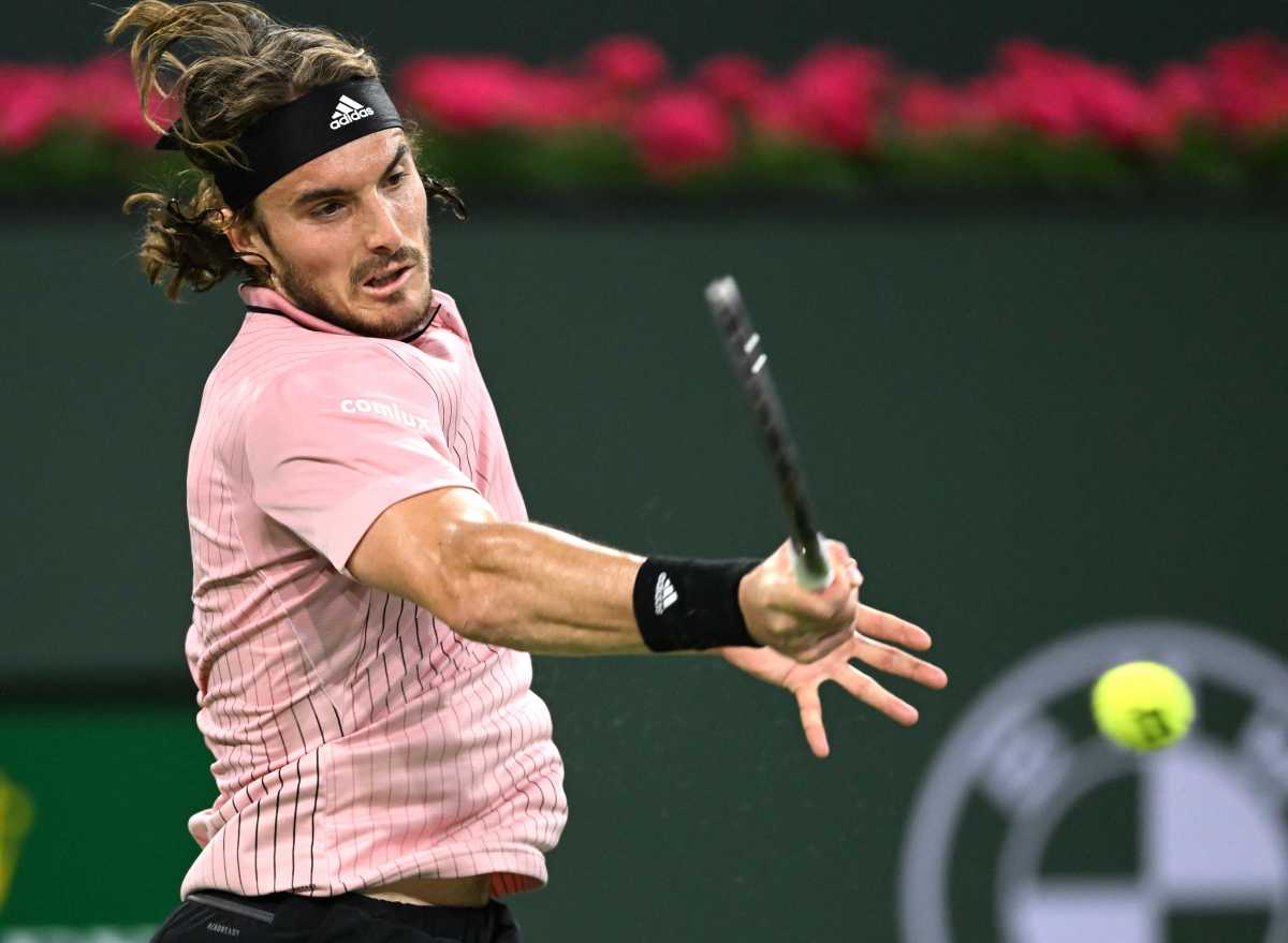 Mar 14, 2022; Indian Wells, CA, USA; Stefanos Tsitsipas (GRE) hits a shot in his third round match against Jenson Brooksby (not pictured) during the BNP Paribas Open at the Indian Wells Tennis Garden. Mandatory Credit: Jayne Kamin-Oncea-USA TODAY Sports