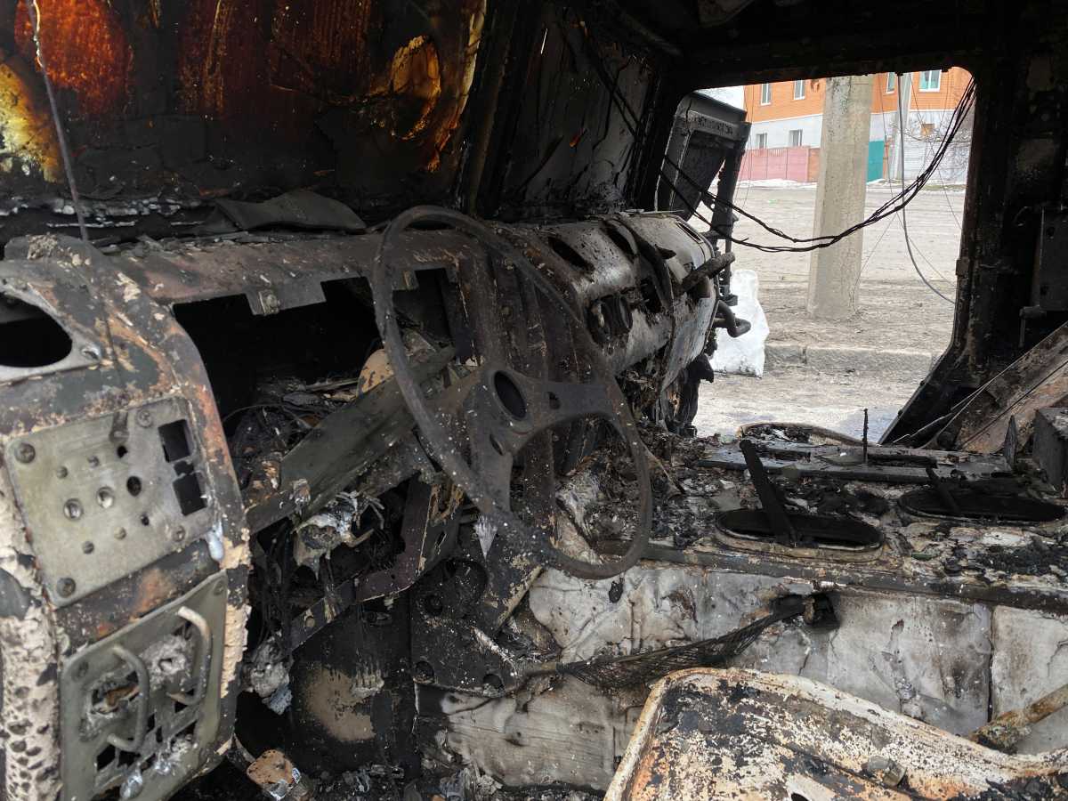 An interior view shows a destroyed Russian Army all-terrain infantry mobility vehicle Tigr-M (Tiger) on a road in Kharkiv, Ukraine February 28, 2022. REUTERS