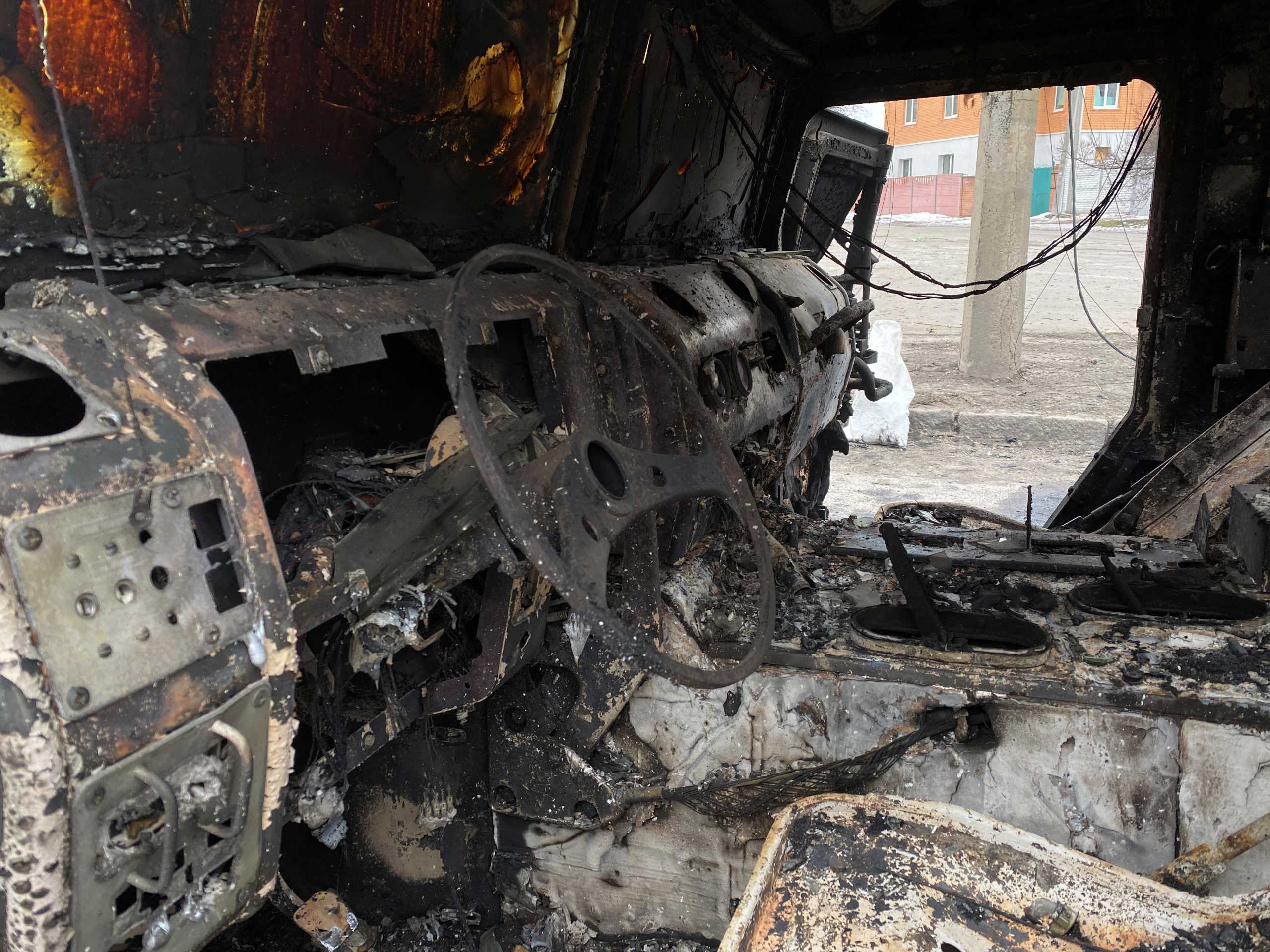 An interior view shows a destroyed Russian Army all-terrain infantry mobility vehicle Tigr-M (Tiger) on a road in Kharkiv, Ukraine February 28, 2022. REUTERS
