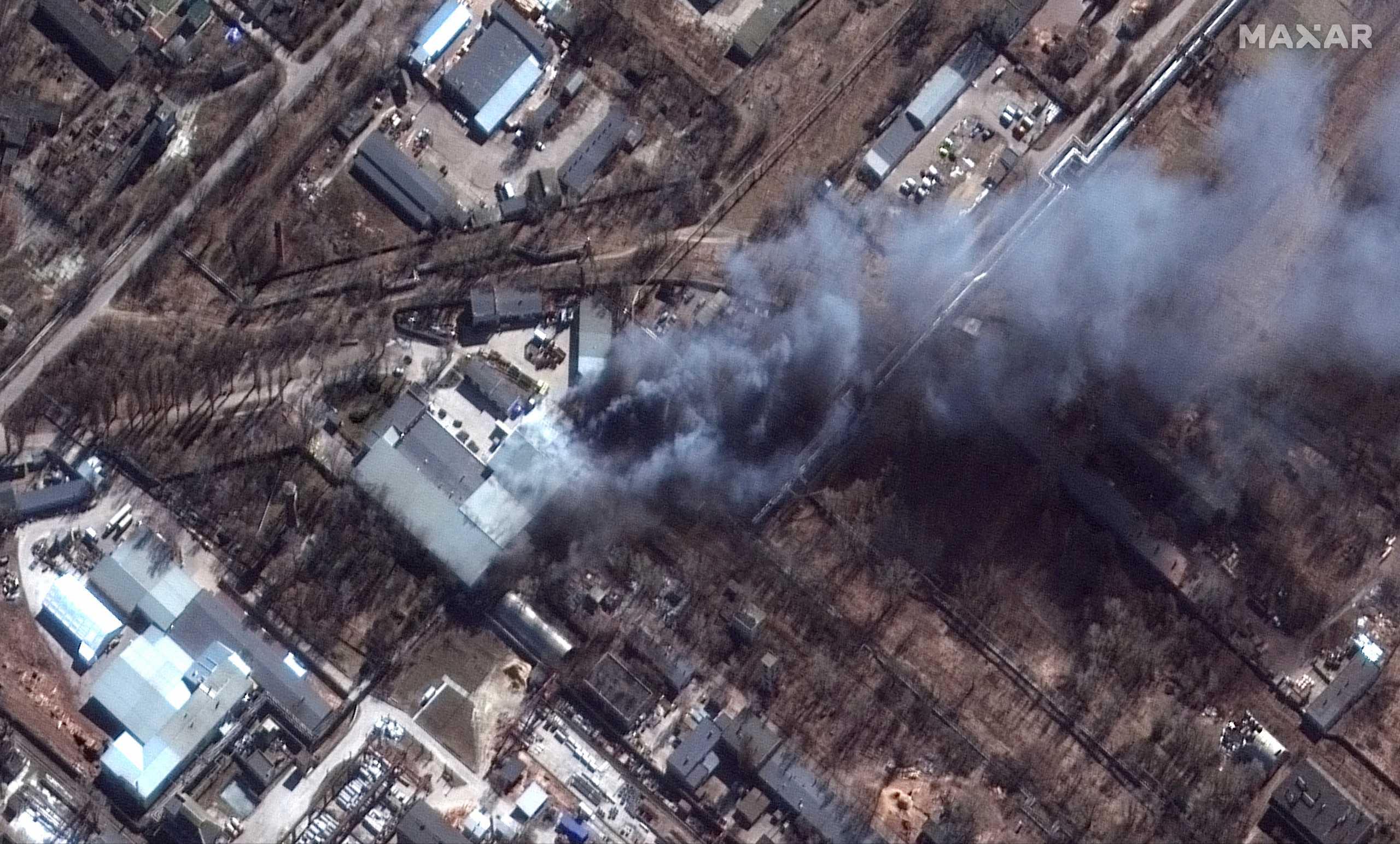A satellite image shows a close up view of fires in an industrial area, in southern Chernihiv, amid Russia's invasion of Ukraine, in Ukraine, March 10, 2022.  Satellite image ©2022 Maxar Technologies