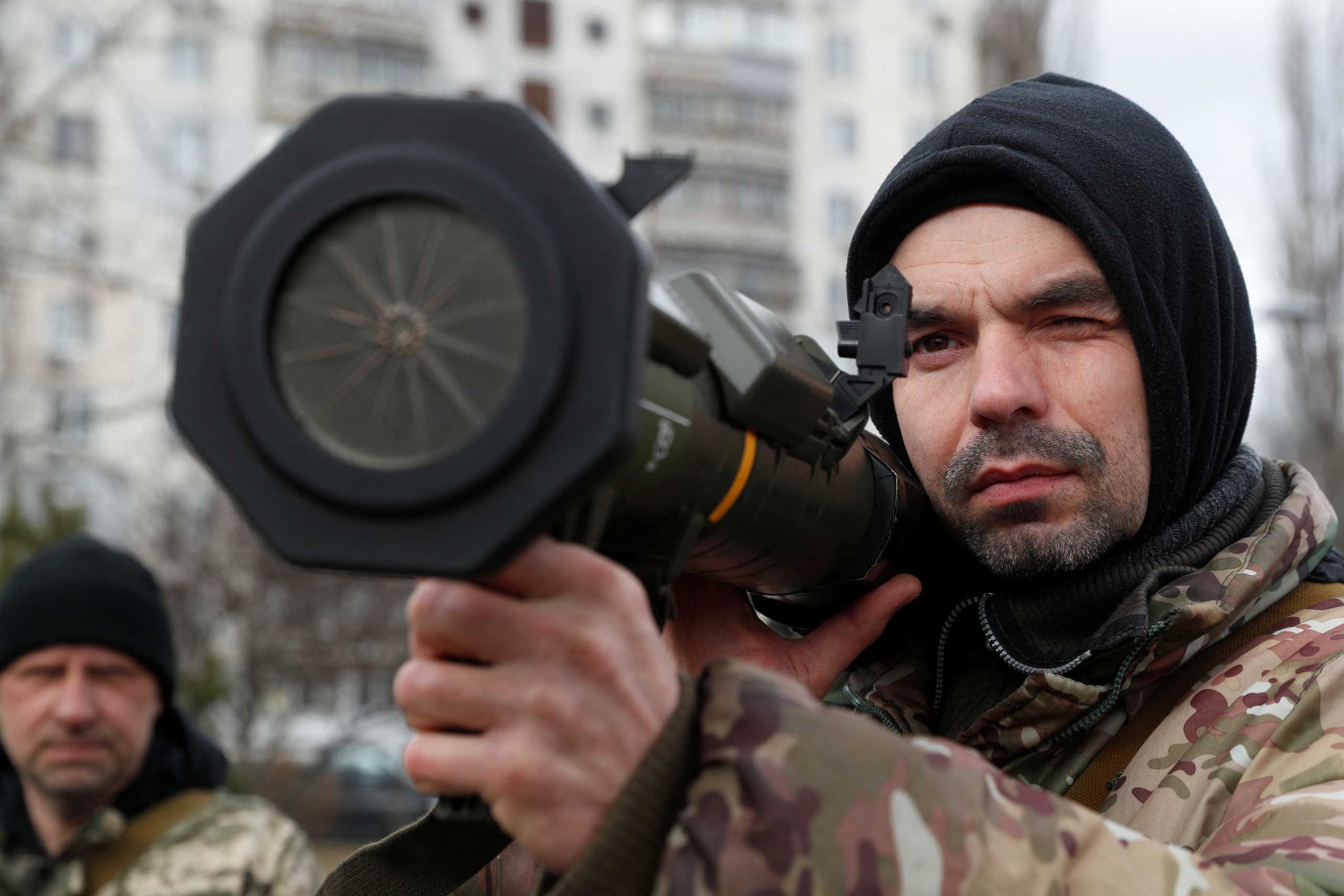 A new member of the Territorial Defence Forces trains to operate AT4 anti-tank launcher during military exercises amid Russia's invasion of Ukraine, in Kyiv, Ukraine March 9, 2022.  REUTERS