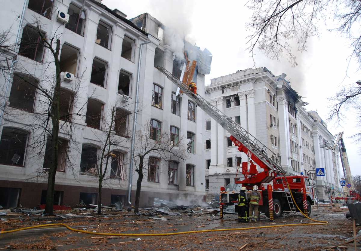 Firefighters work to extinguish a fire at the Kharkiv National University building, which city officials said was damaged by recent shelling, in Kharkiv, Ukraine March 2, 2022. REUTERS