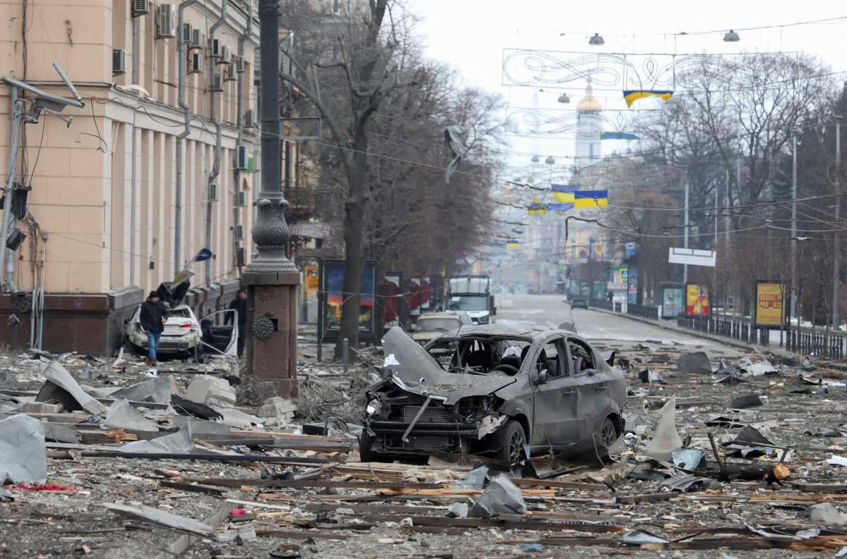 A view shows the area near the regional administration building, which city officials said was hit by a missile attack, in central Kharkiv, Ukraine, March 1, 2022. REUTERS